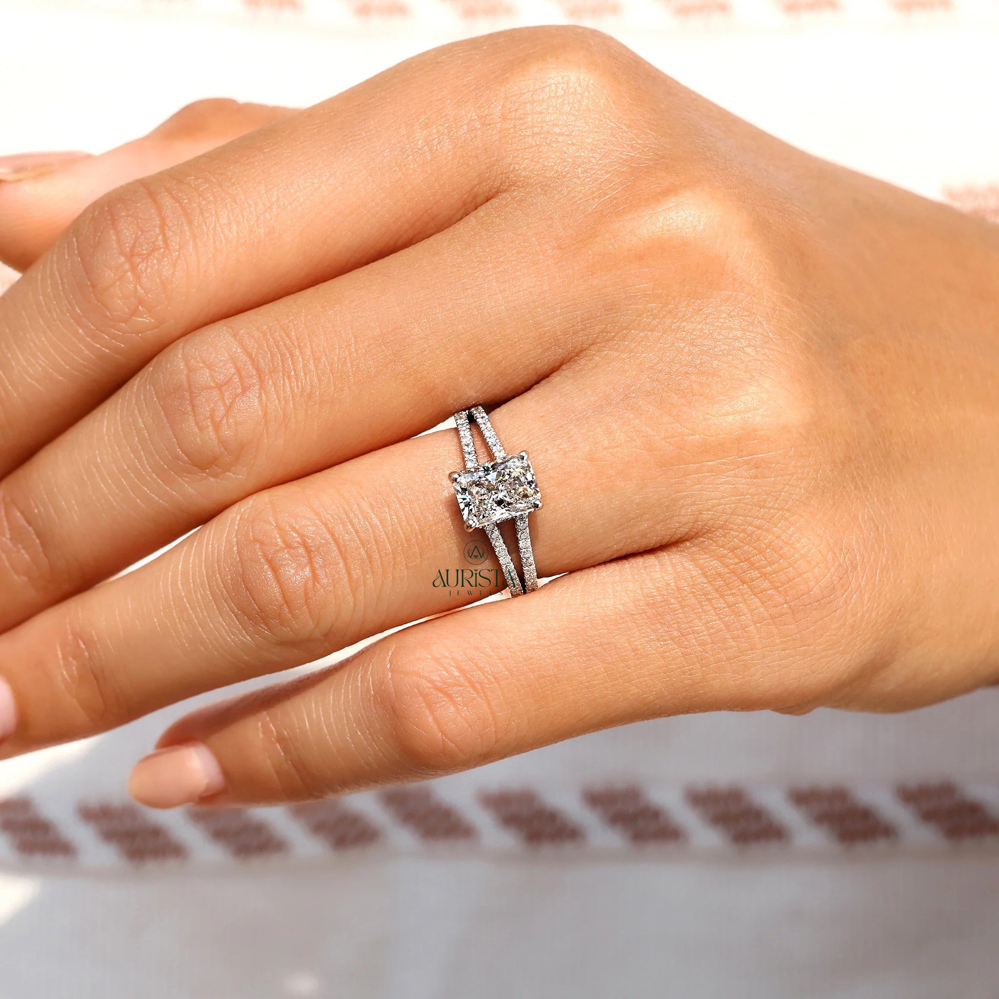 Radiant Cut Hidden Halo Ring with Split Shank Pave Band
