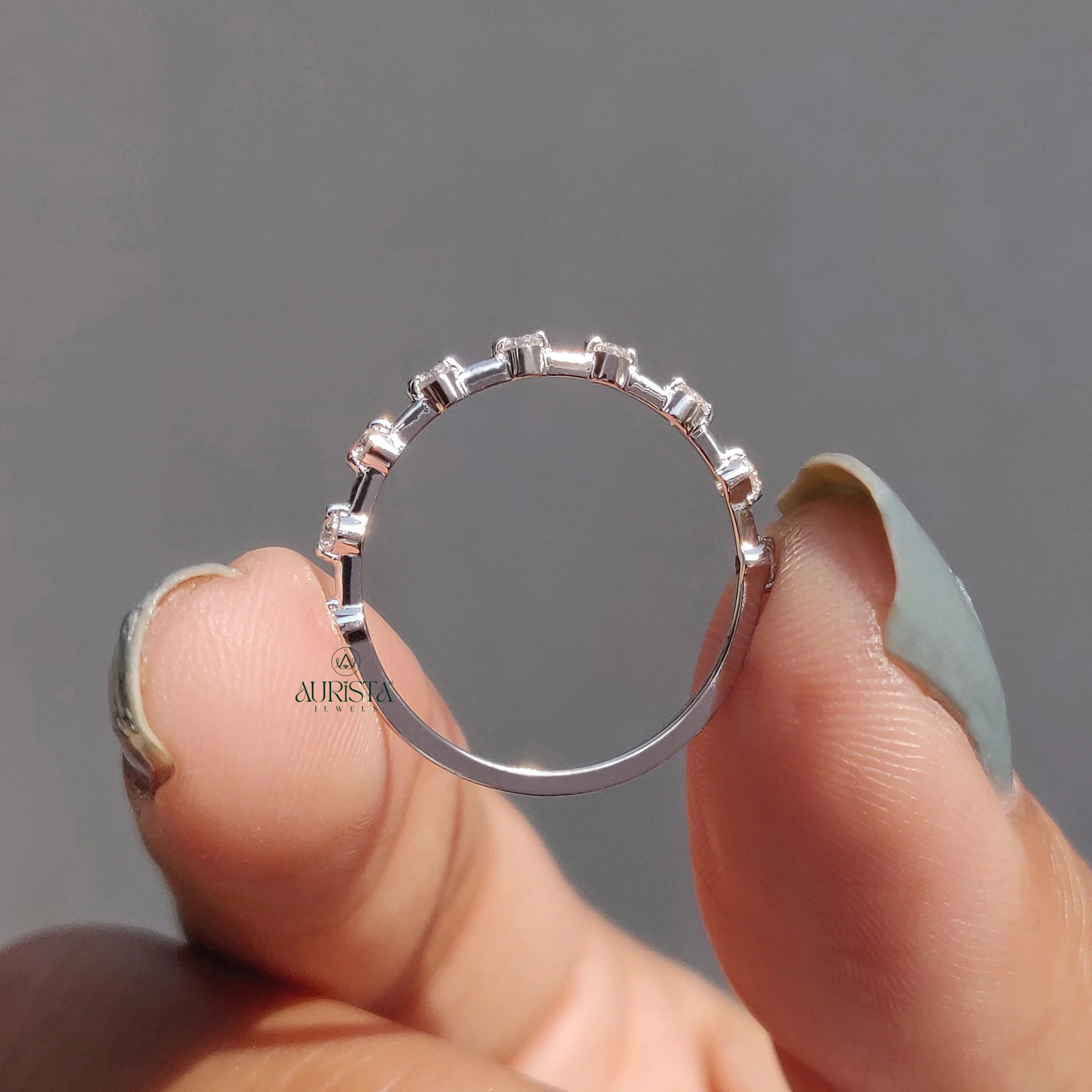 Dainty Moissanite and Diamond Station Band - Minimalist Stackable Wedding Ring