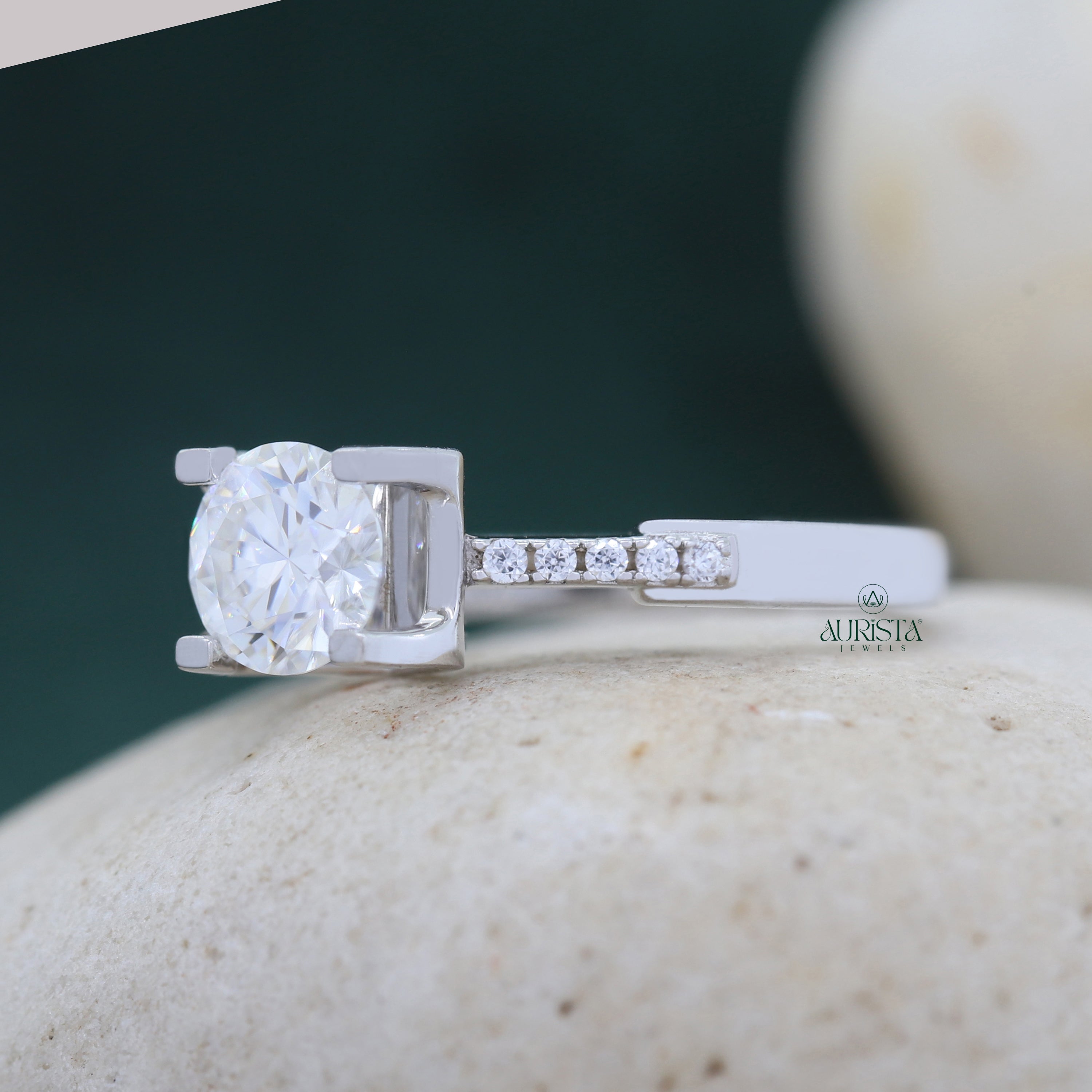 Round Cut Lab Grown Diamond Engagement Ring, Solitaire Ring With Pavé Band