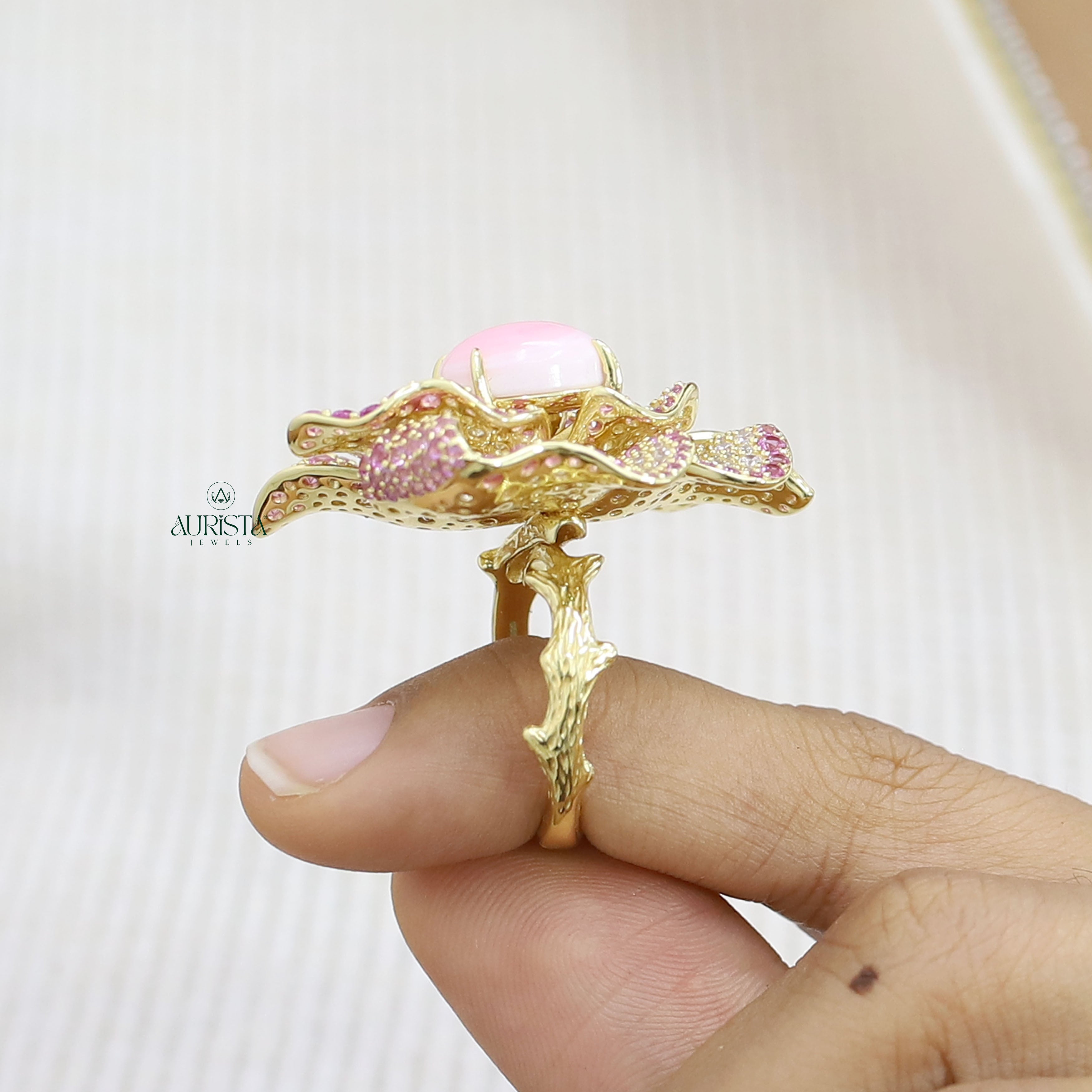 Luxury Flower Moissanite Ring - Pink Gemstone & Sparkling Petals Cocktail Ring
