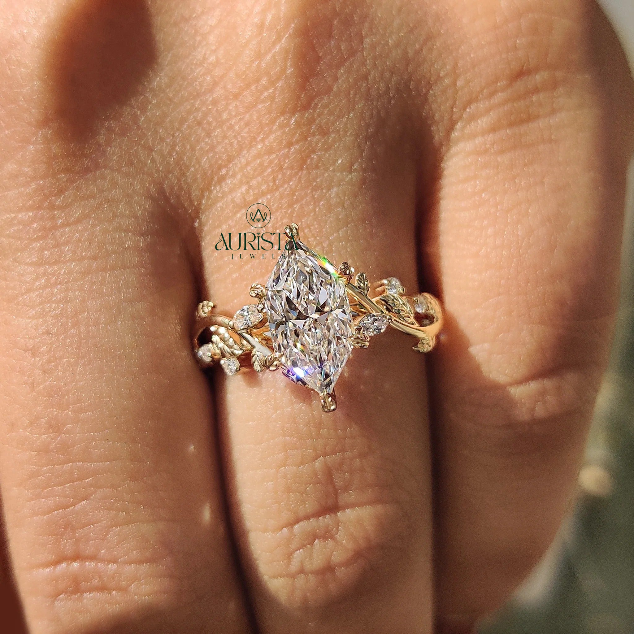 Marquise Cut Diamond Vine Ring with Leaf Accent Twig Band