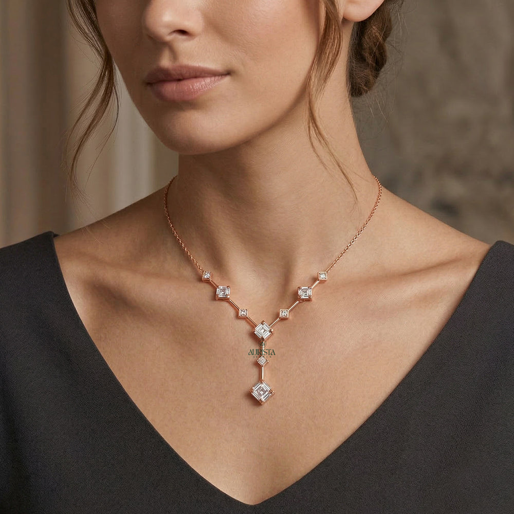 Elegant Rose Gold Moissanite Diamond Lariat Necklace Modern Geometric Jewelry Style