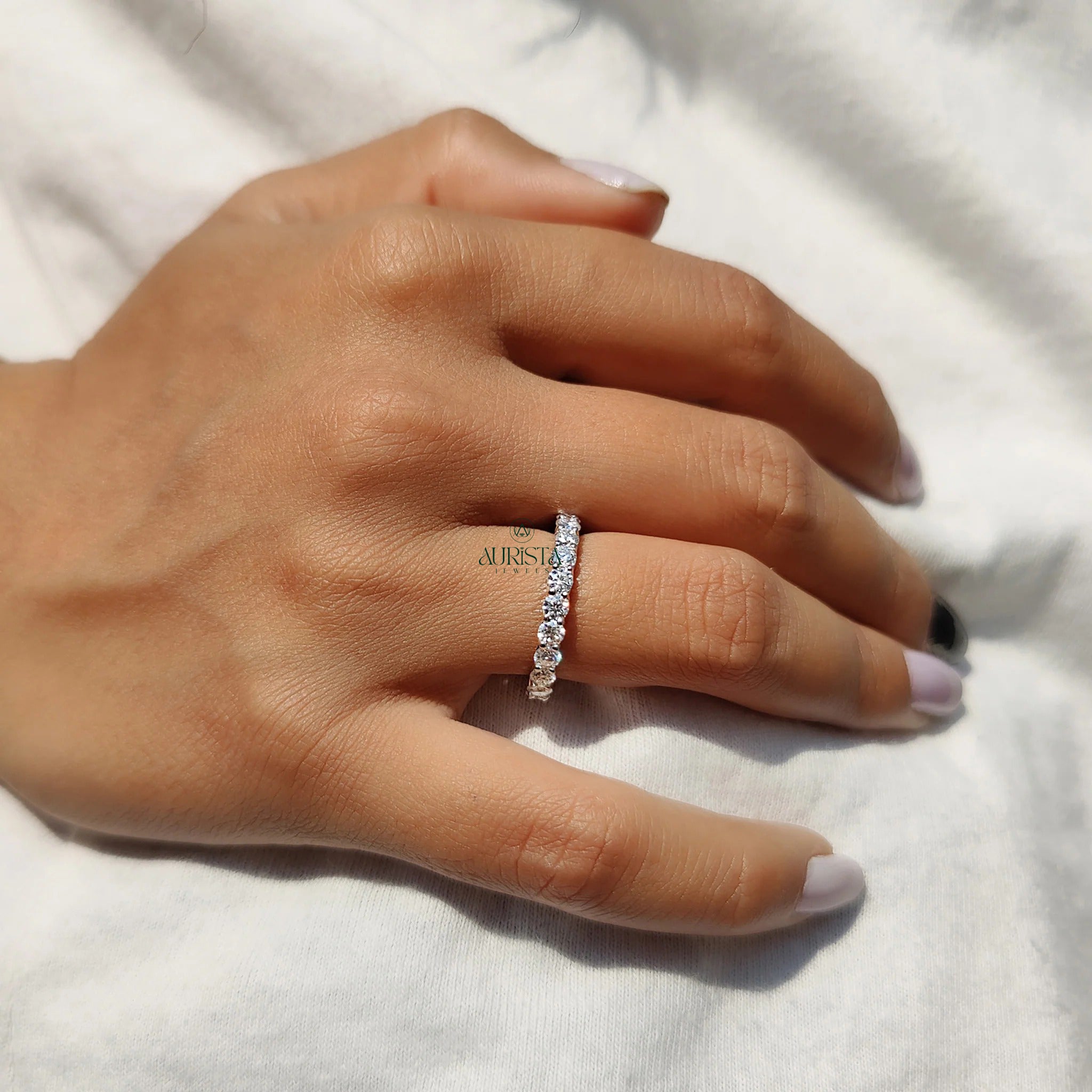 Moissanite Diamond Full Eternity Band Minimalist Stackable Wedding Ring White Gold