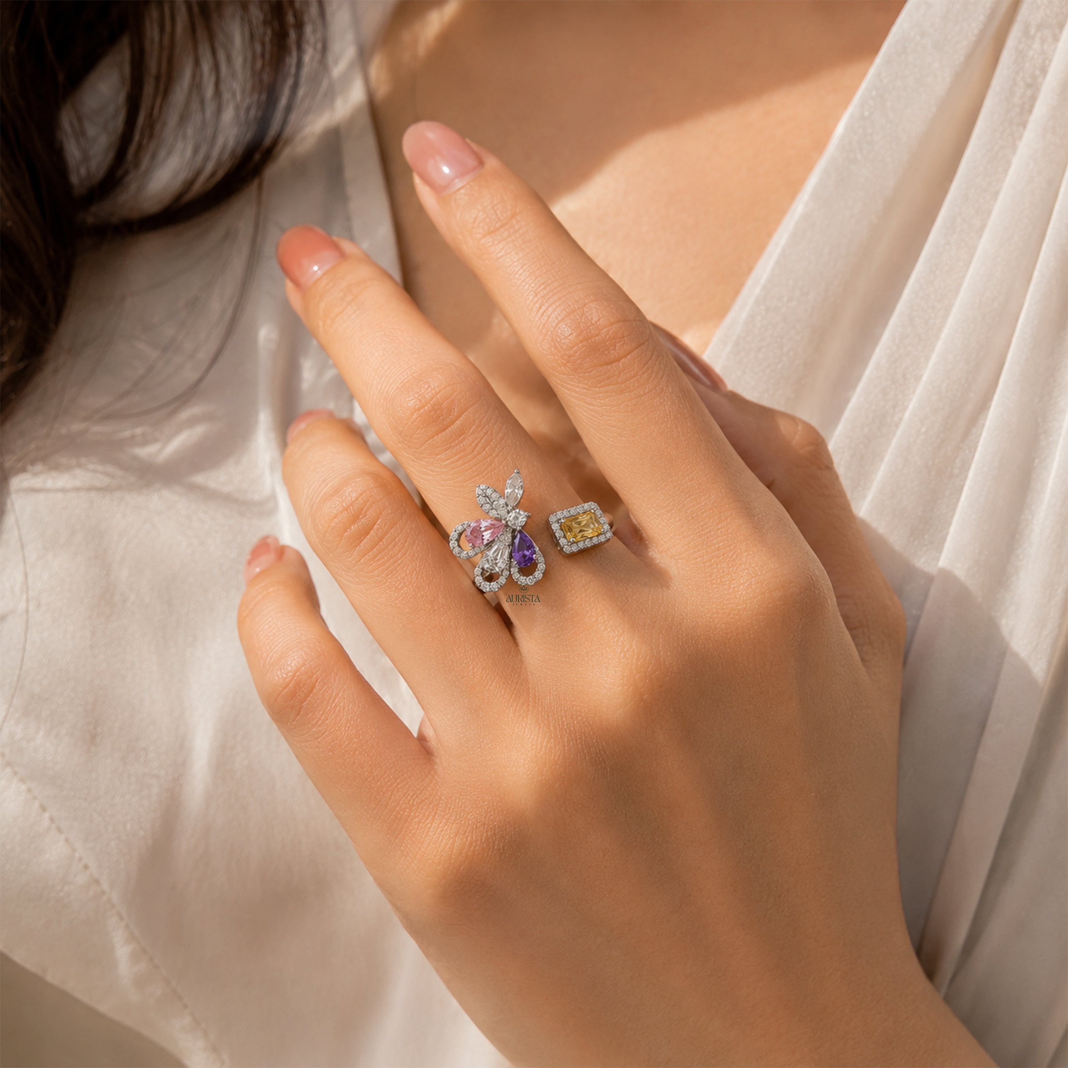 Butterfly Moissanite Statement Ring Multi Color Gemstone Luxury Open Ring For Women