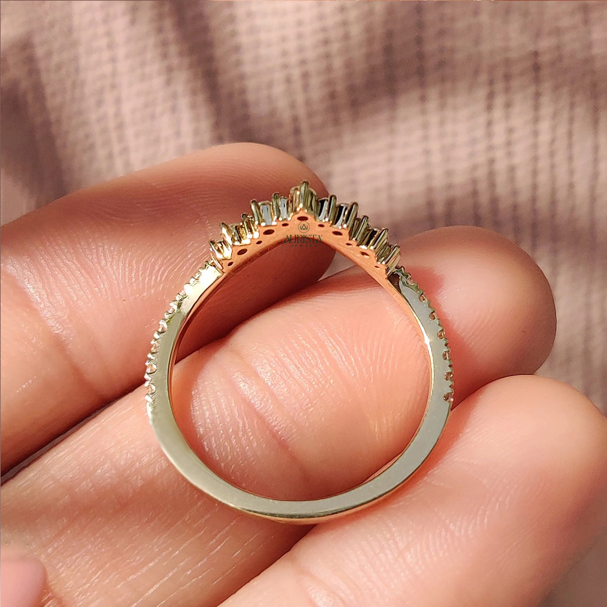 Round Lab Grown Diamond Curved Chevron Ring - Gold Crown Wishbone Stacking Band