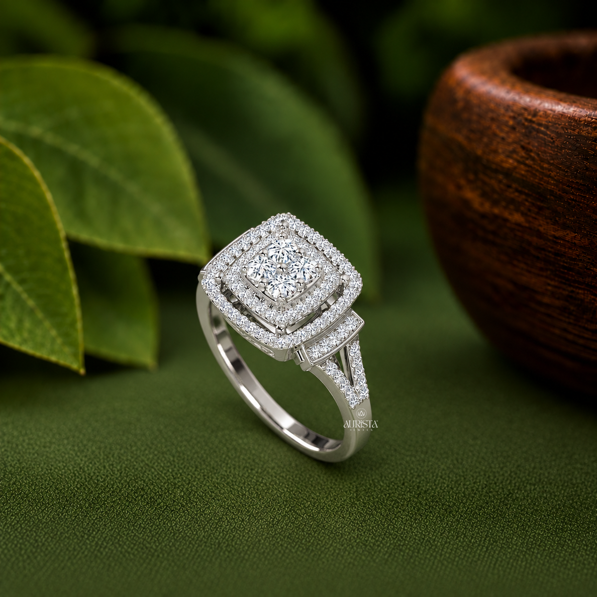 Round Moissanite Diamond Double Halo Cluster Engagement Ring White Gold Bridal