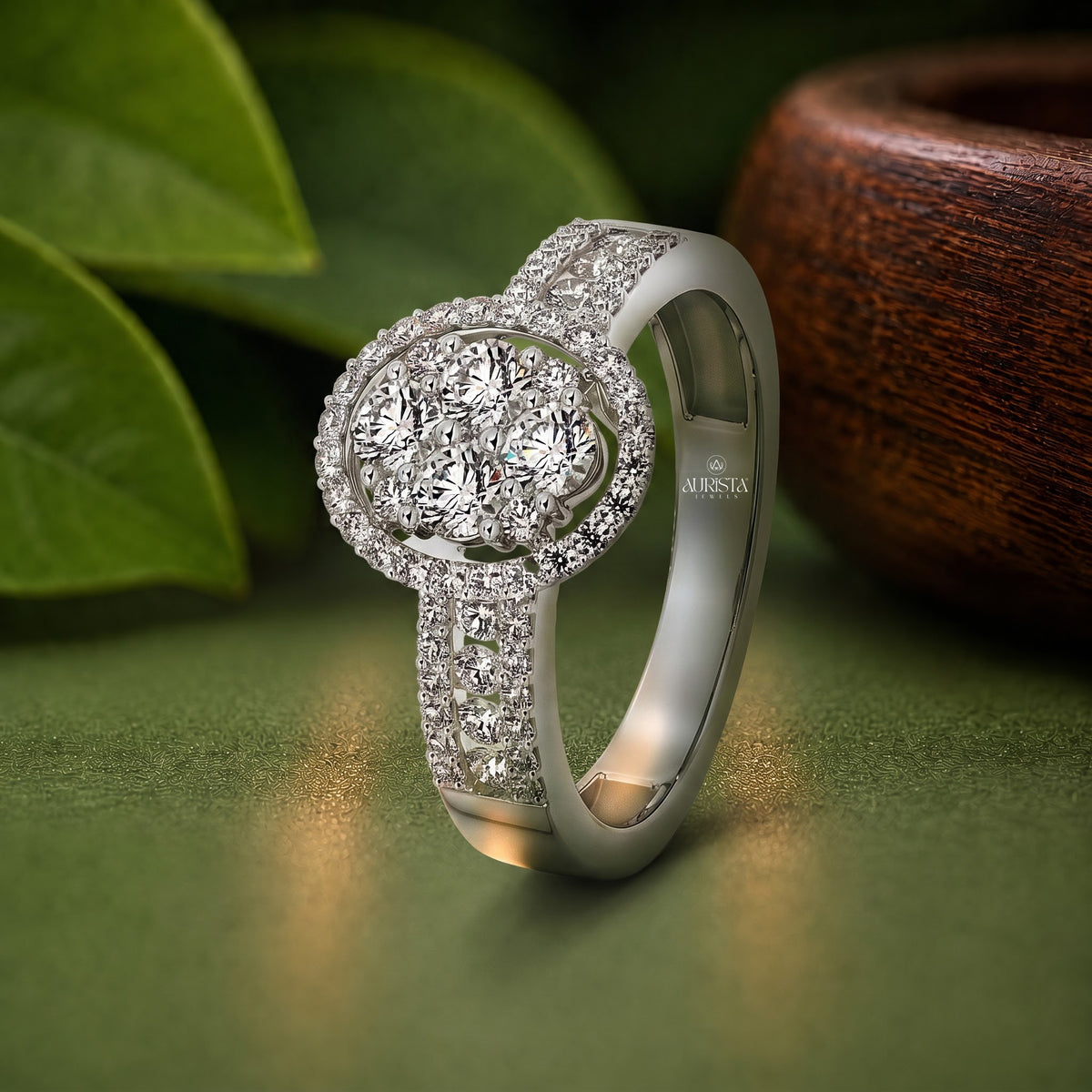 Oval Cluster Diamond Ring, Lab Grown Diamond Statement Band In White Gold Pave Set