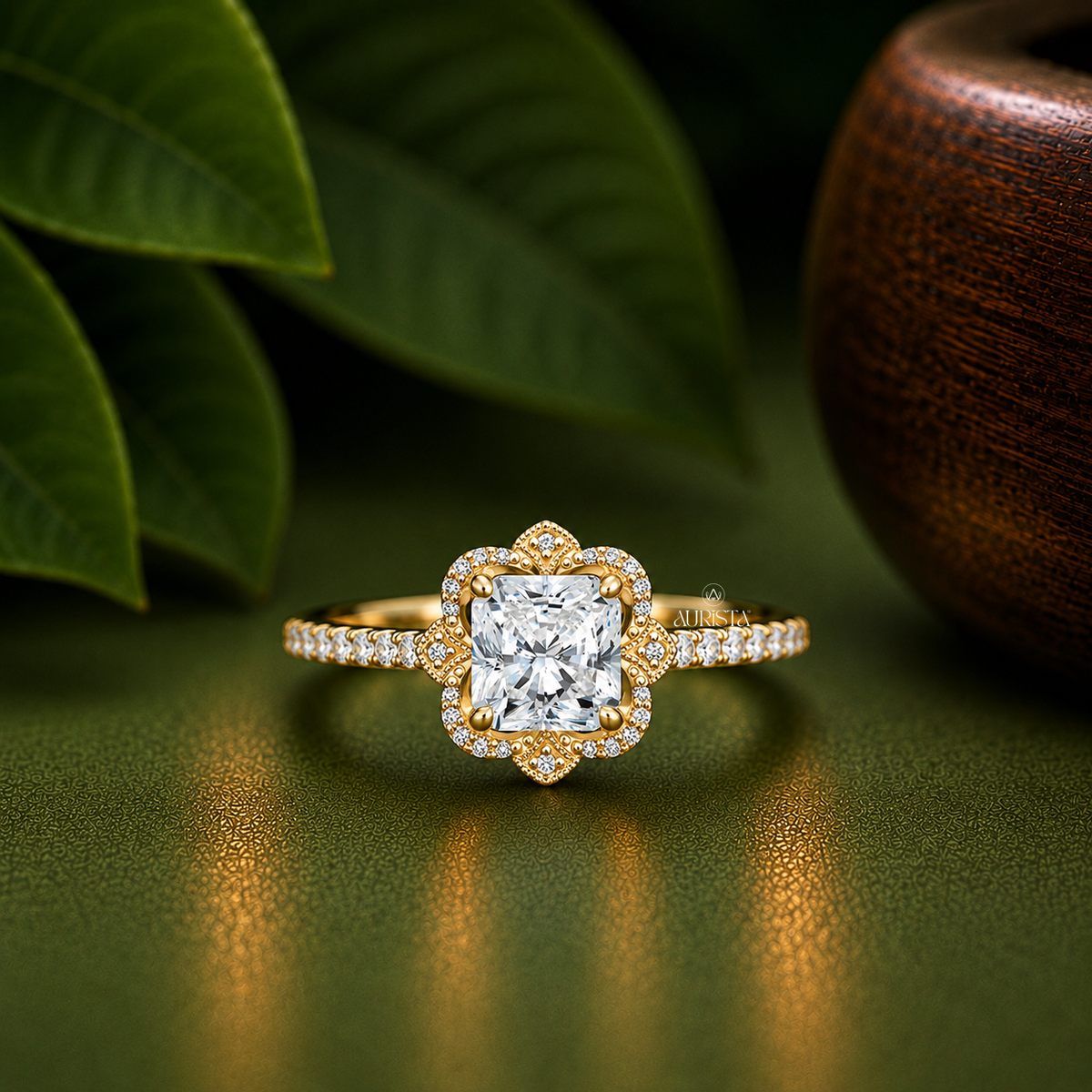 Cushion Shape Lab Grown Diamond Ring, Vintage Floral bridal-set Side Stones Fine Jewelry