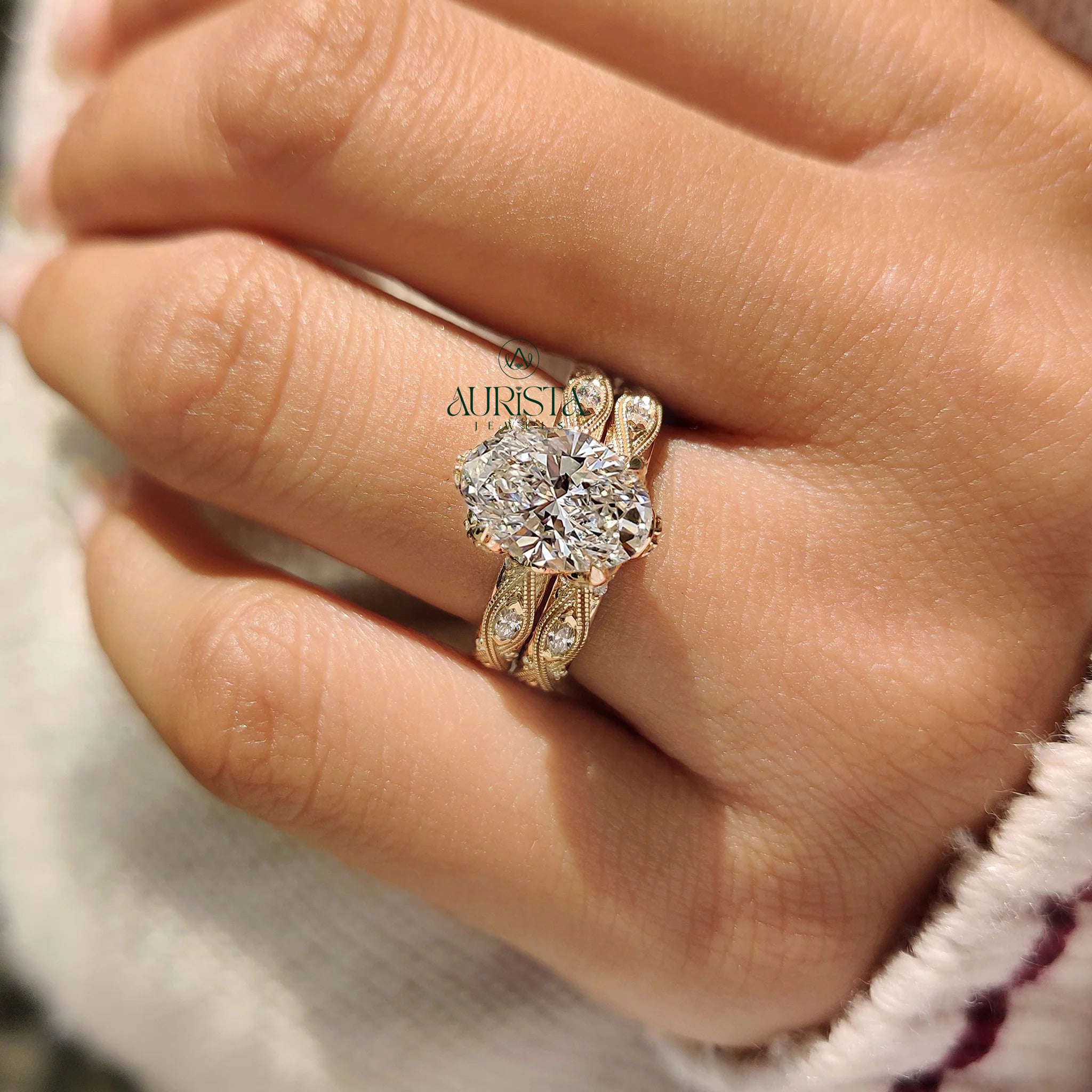 Vintage Oval Diamond Bridal Set - Antique Milgrain Marquise Band Ring