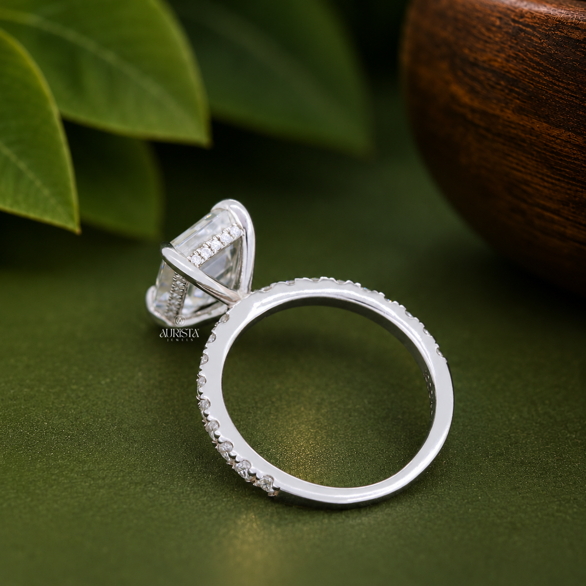 Emerald Cut Lab Grown Diamond Engagement Ring, Pavé Wedding Ring