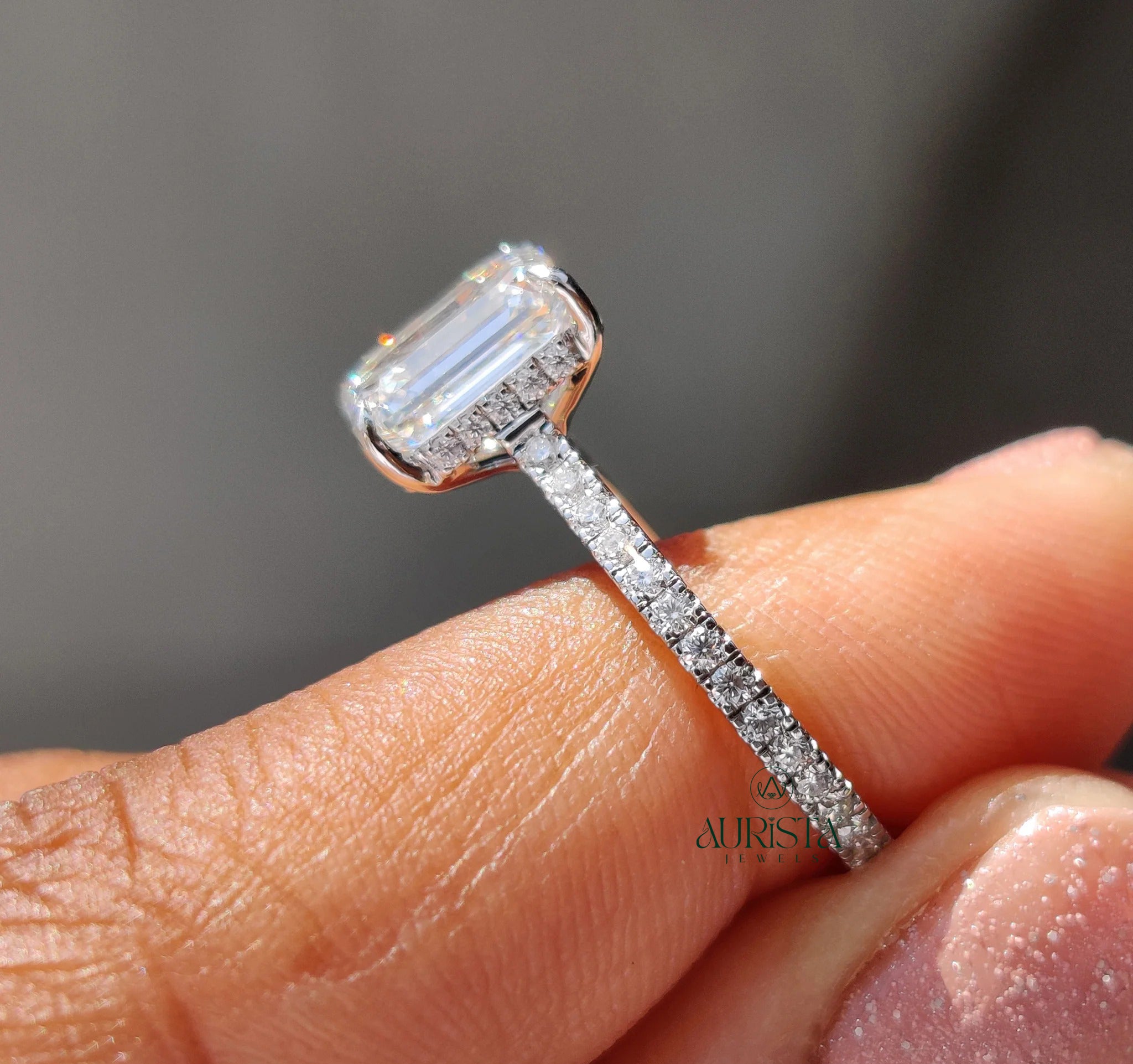 Emerald Cut Diamond Ring with Timeless Pave Elegance