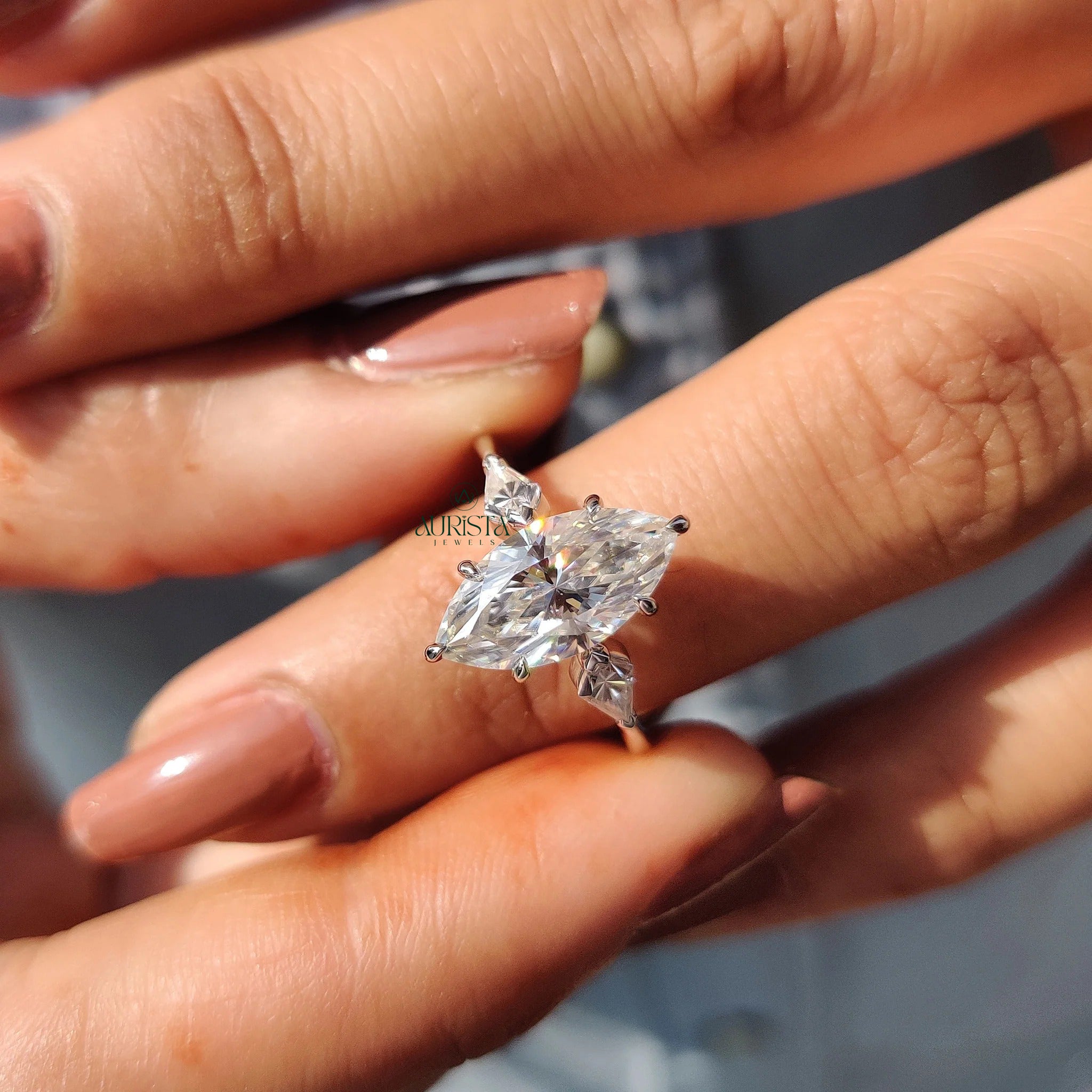 Marquise Moissanite in Diamond Kite Accent White Gold 3 Stone Engagement Ring