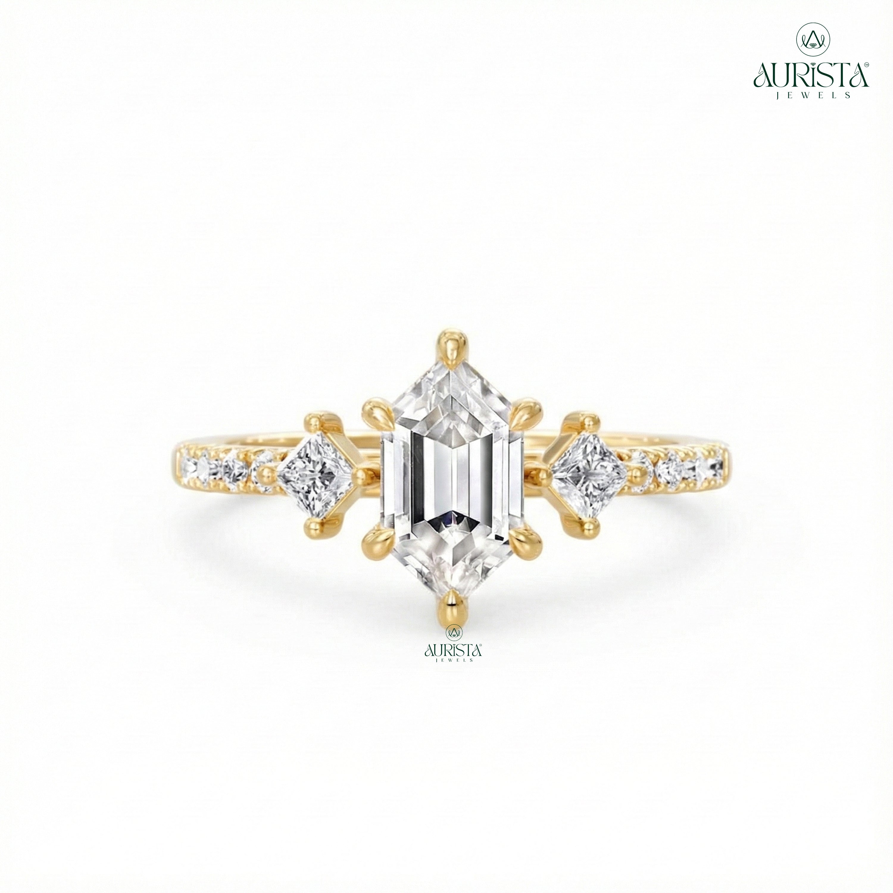 Hexagon Moissanite Diamond Ring, Rose Gold Three Stone Ring With Princess Side Stones