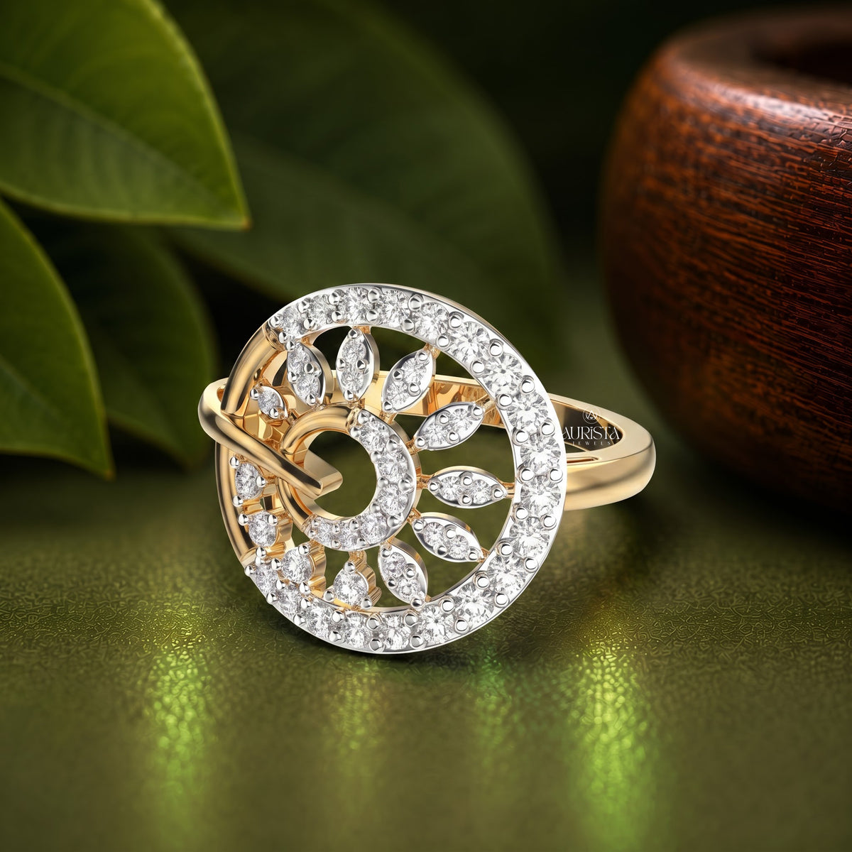 Round Moissanite Diamond Flower Motif Statement Band In Yellow Gold Fine Jewelry