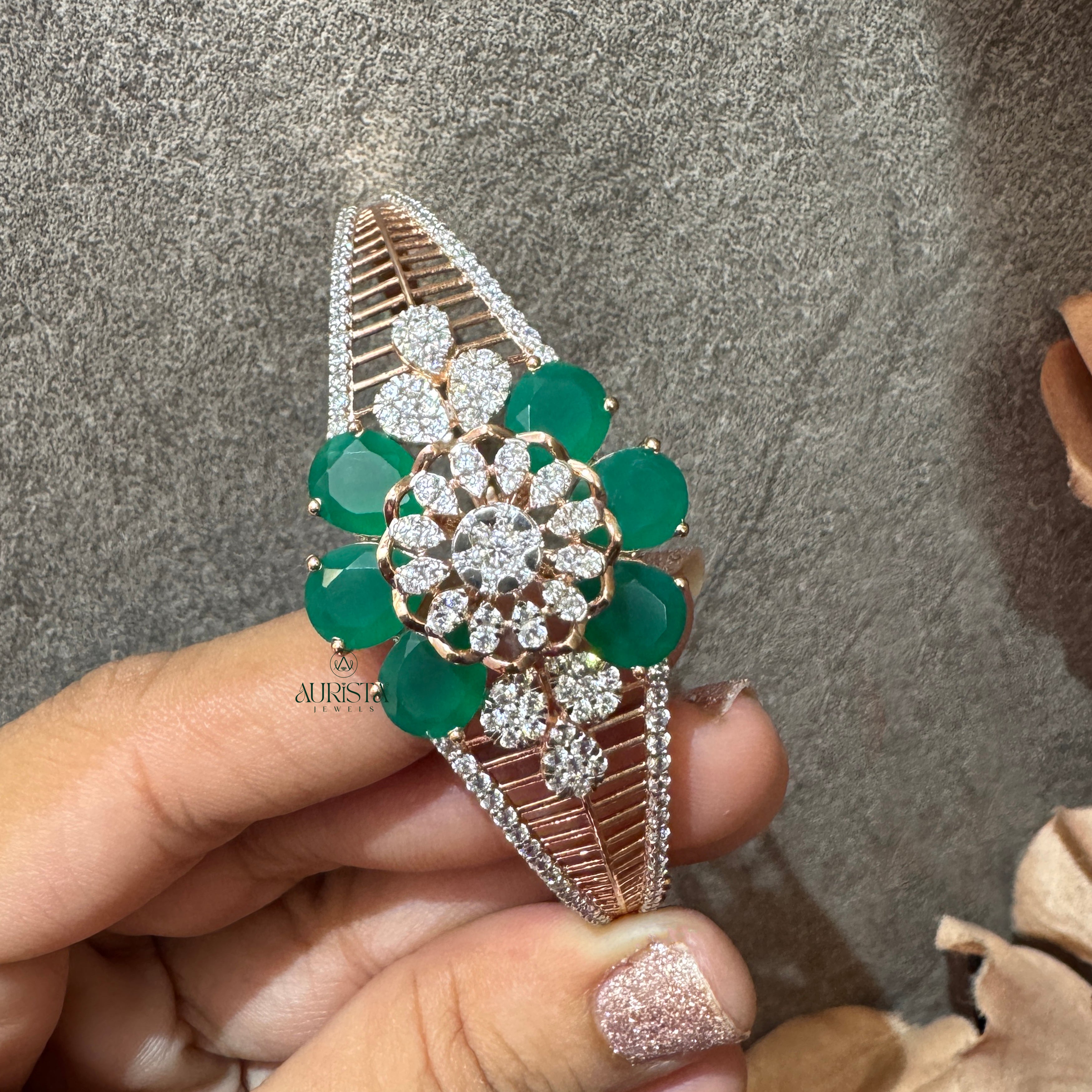 Round Moissanite & Pear Cut Green Stone Floral Bangle
