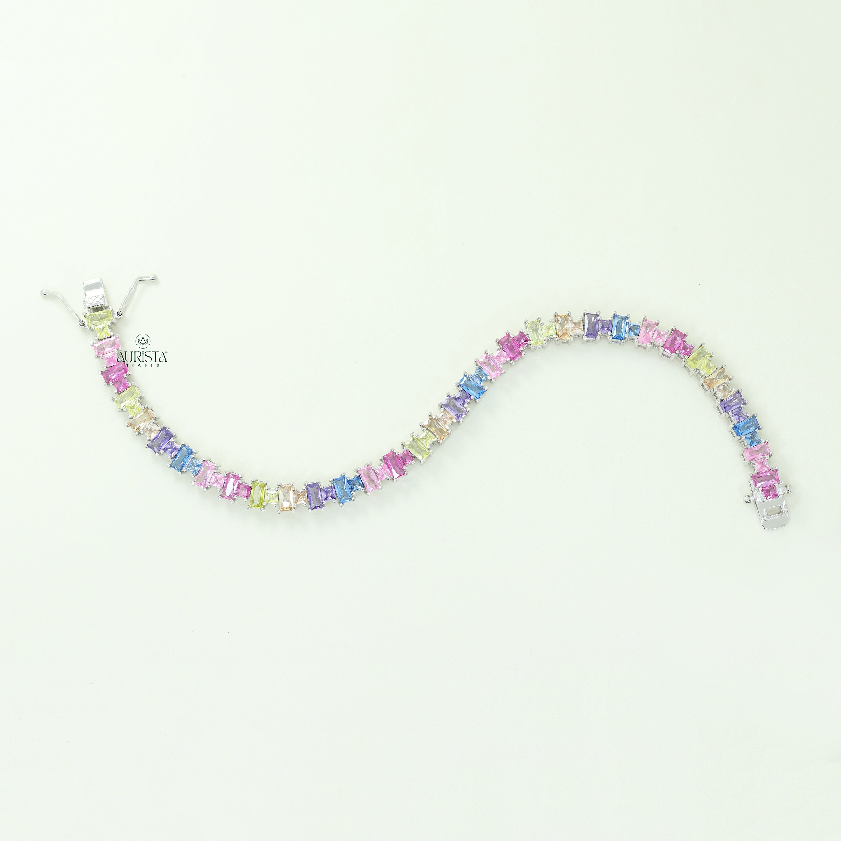 Rainbow Moissanite Tennis Bracelet, Colorful Baguette Cut Line Bracelet