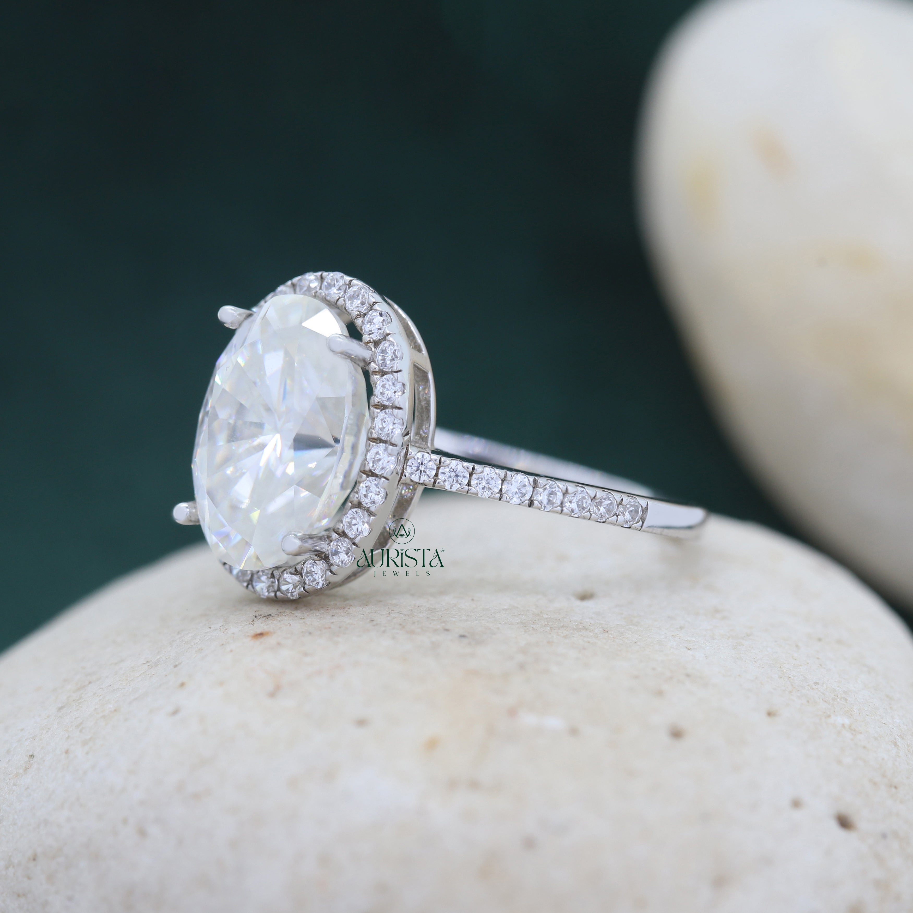 Oval Cut Lab Grown Diamond Halo Engagement Ring, Pavé Wedding Band
