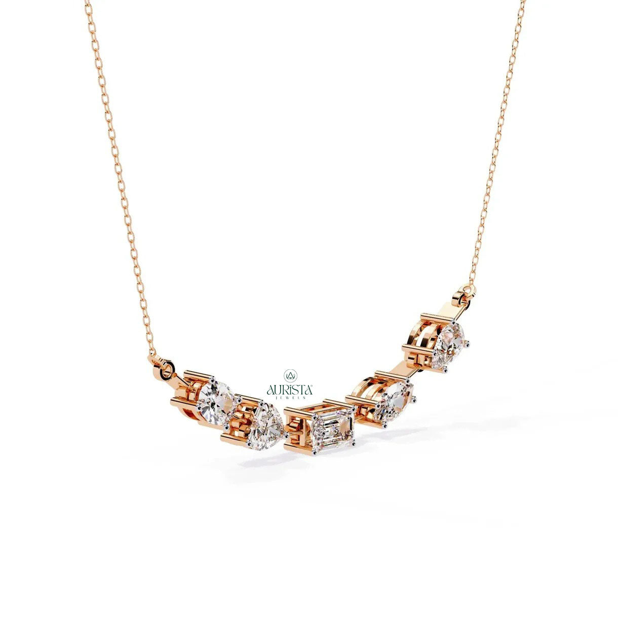 Gold Mixed Cut Moissanite Diamond Station Necklace Pear Emerald Heart Marquise Chain