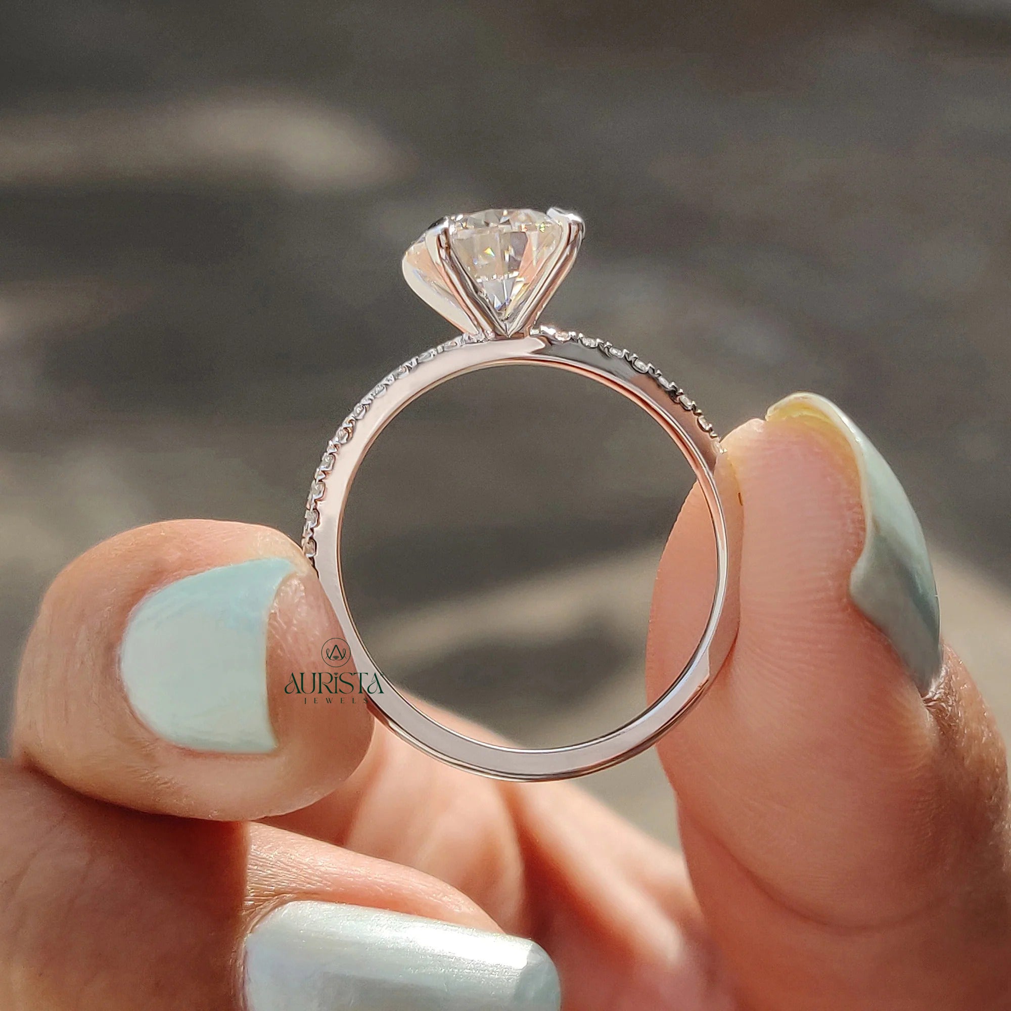 Round Cut Moissanite Engagement Ring with Diamond Pave Band in White Gold