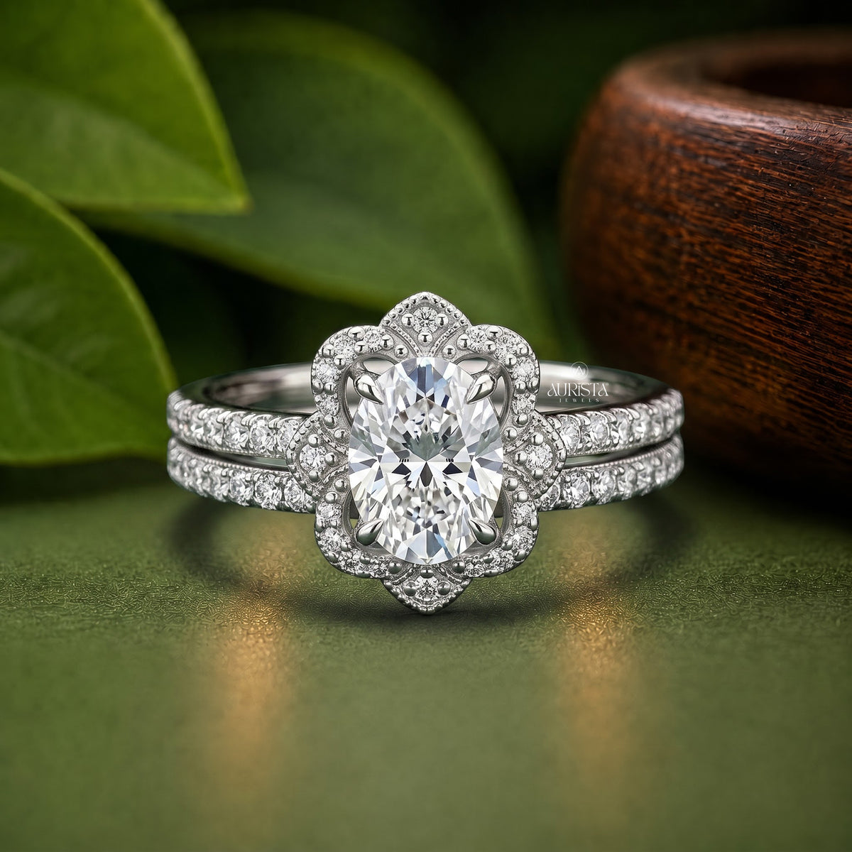Oval Lab Grown Diamond Ring Set, Vintage Floral Halo In White Gold Round Side Stones