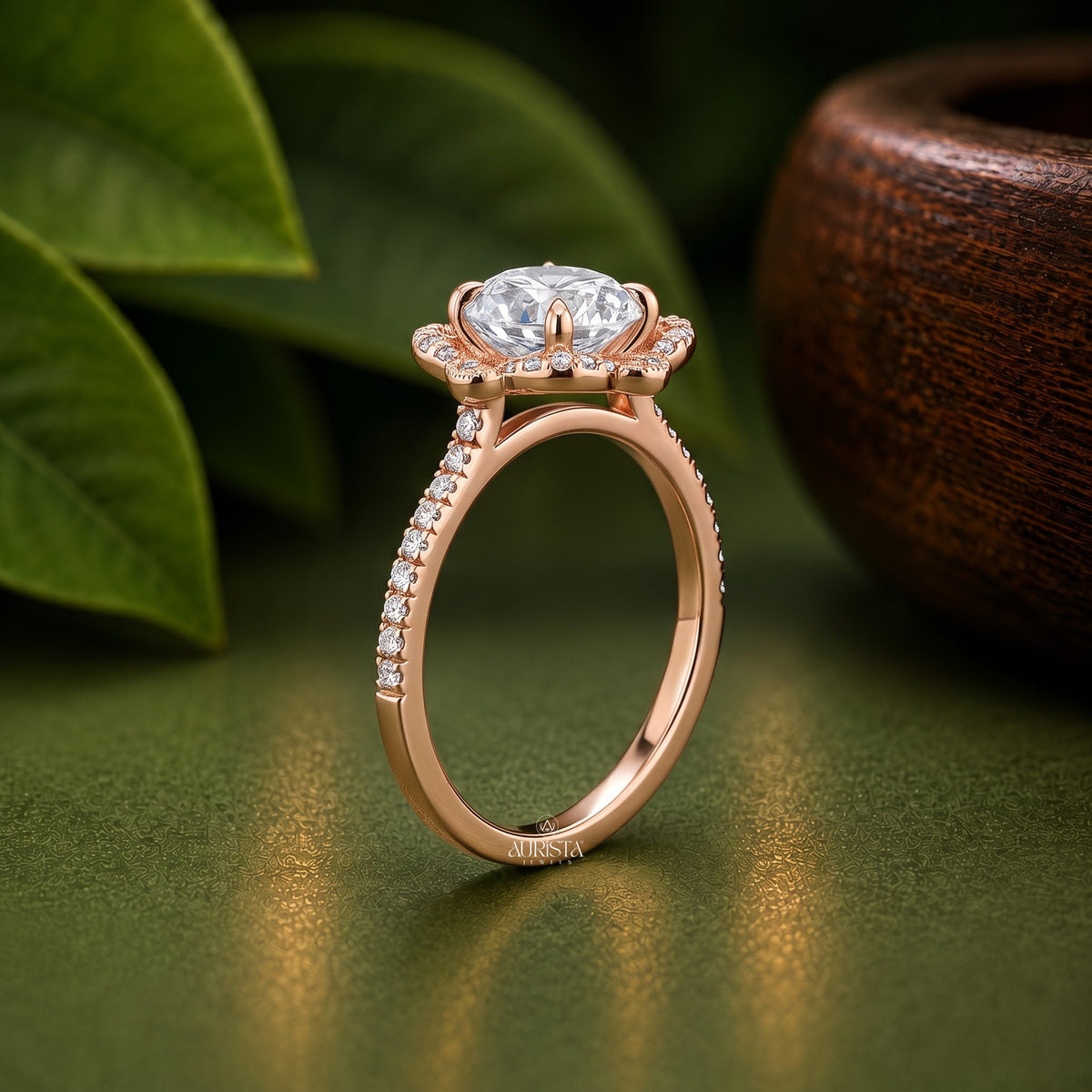 Asscher Lab Grown Diamond Ring Set, Vintage Floral Halo In Rose Gold Pave Side Stones