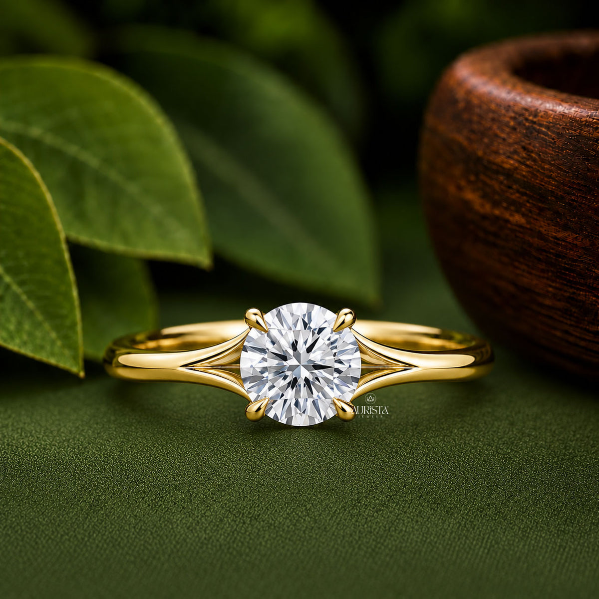 1 CT Round Lab Grown Diamond Engagement Ring & Gold Contour Bridal Set