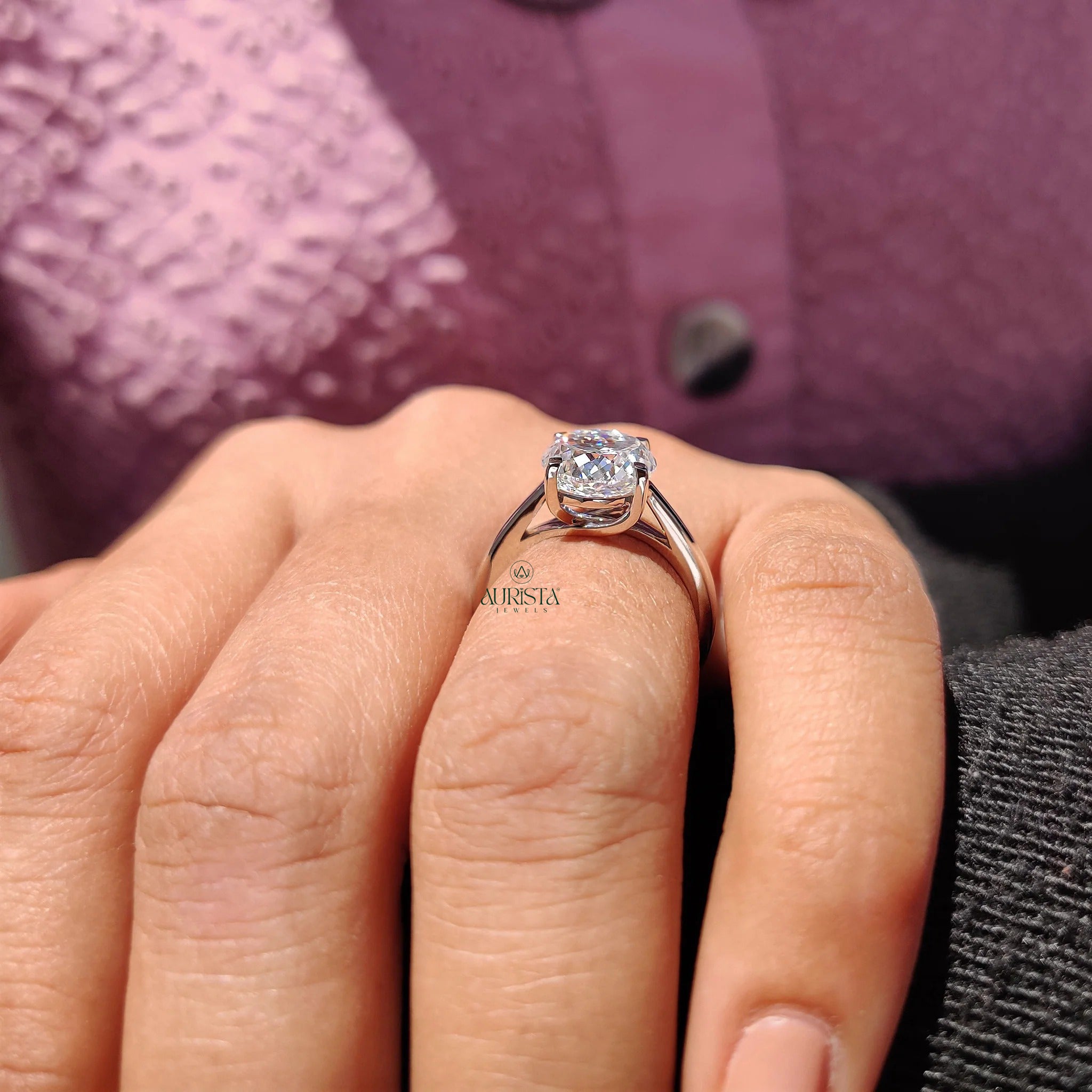 Portuguese Cut Moissanite Solitaire Engagement Ring Minimalist White Gold Band