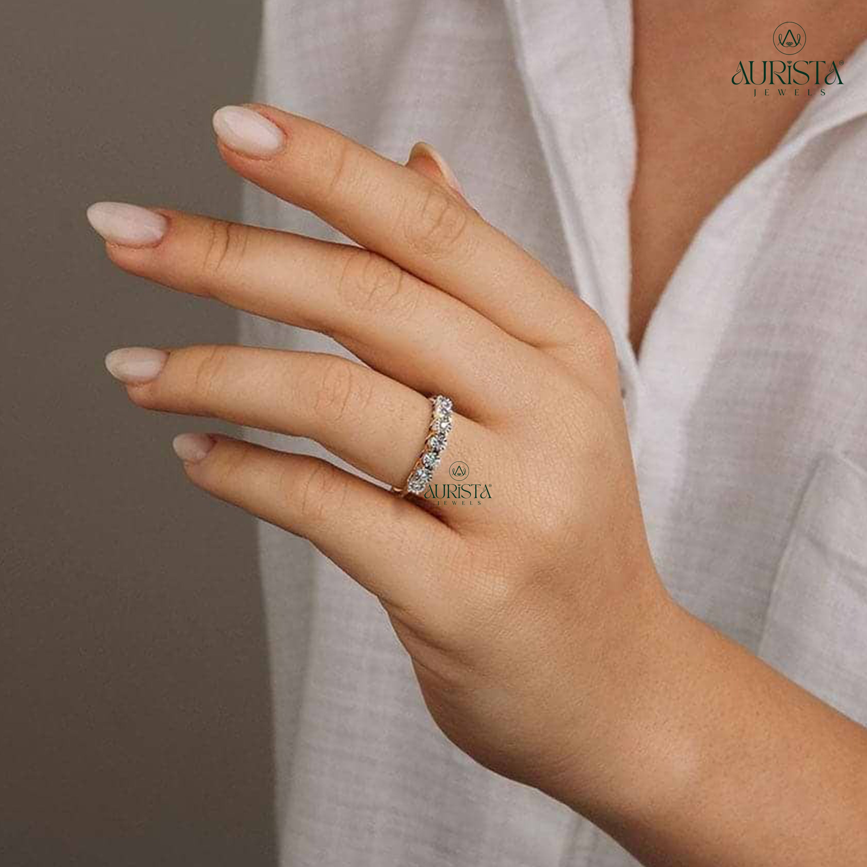 Round Moissanite Diamond Seven Stone Half Eternity Band In Solid  Yellow Gold Anniversary