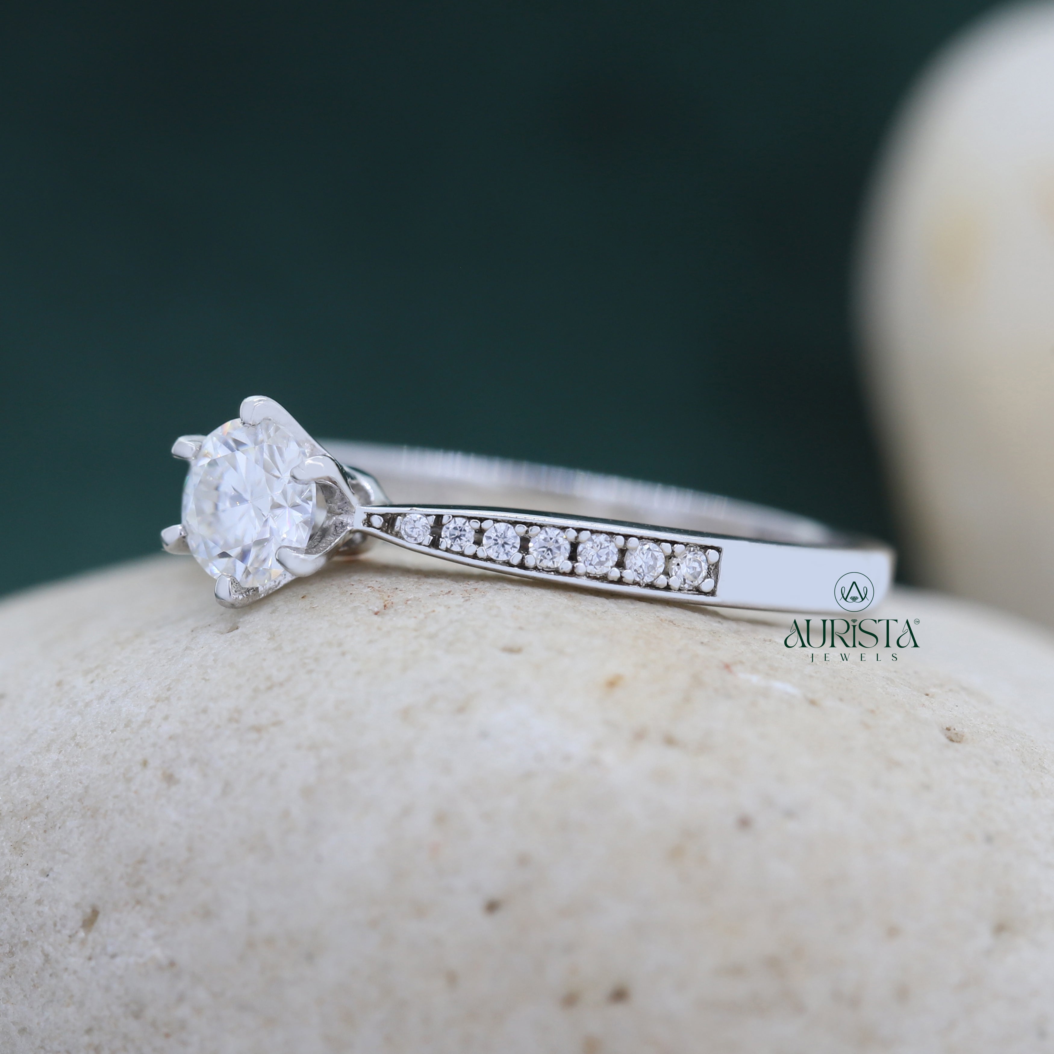 Round Cut Lab Grown Diamond ,  Side Stone,White Gold, Engagement Ring