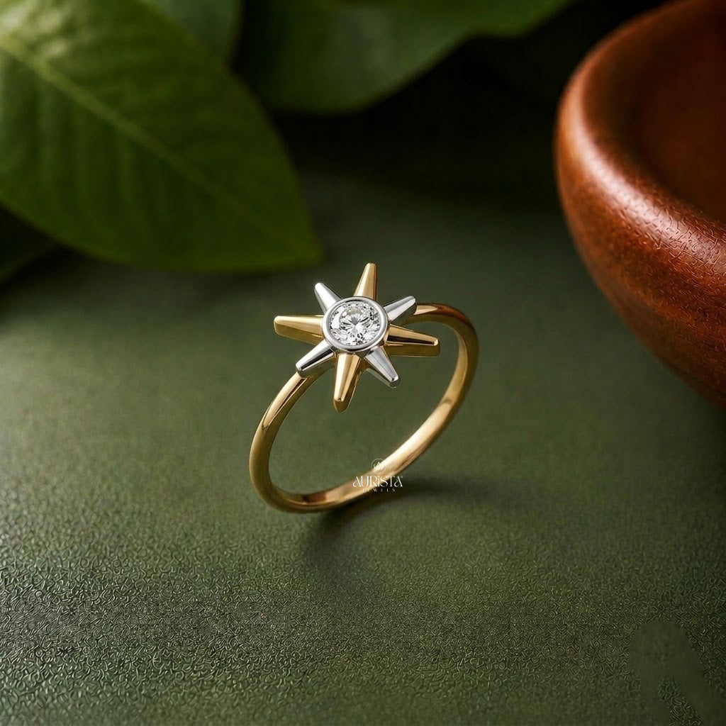 Lab Grown Diamond Gold Starburst Ring Celestial Solitaire Band Stacking Ring Chic