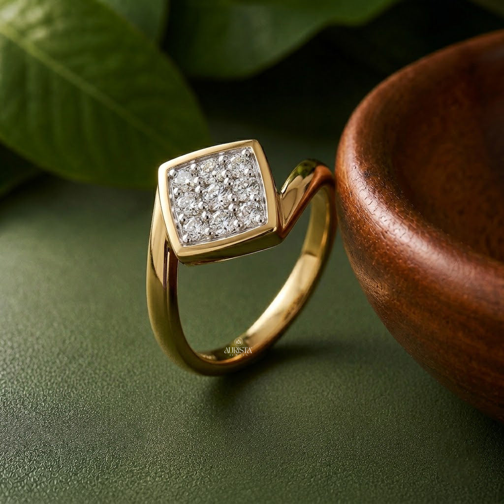 Lab Grown Diamond Gold Square Cluster Ring Bypass Band Modern Statement Ring Chic