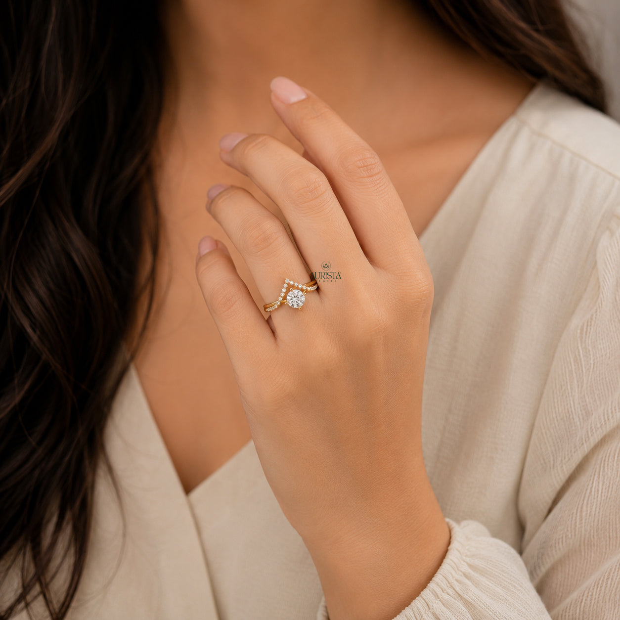 Round Cut Lab Grown Diamond V-Shape Ring, pave Ring, Chevron Wedding Band