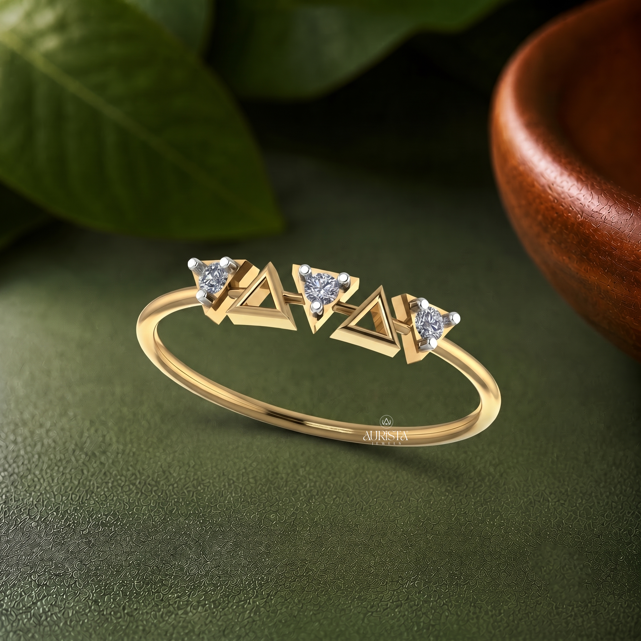 Lab Grown Diamond Gold Triangle Ring Geometric Band Three Stone Stacking Ring Chic