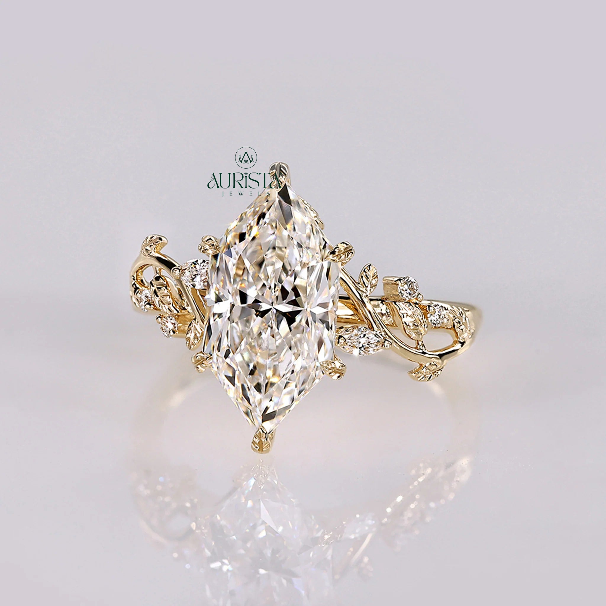 Marquise Cut Diamond Vine Ring with Leaf Accent Twig Band