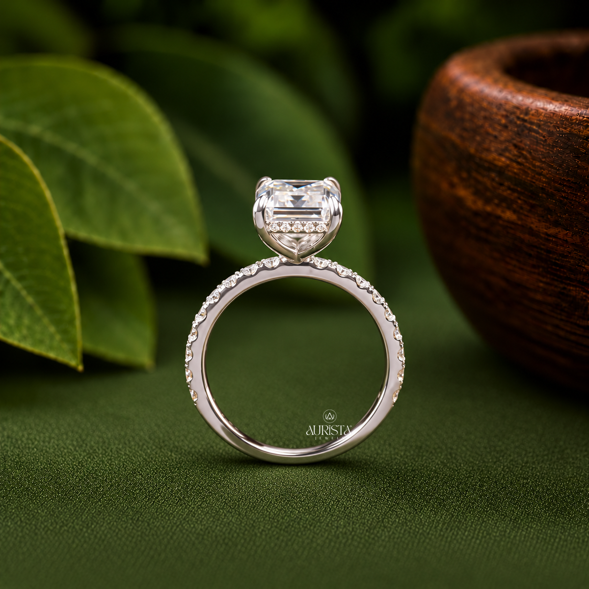 Emerald Cut Lab Grown Diamond Engagement Ring, Pavé Wedding Ring