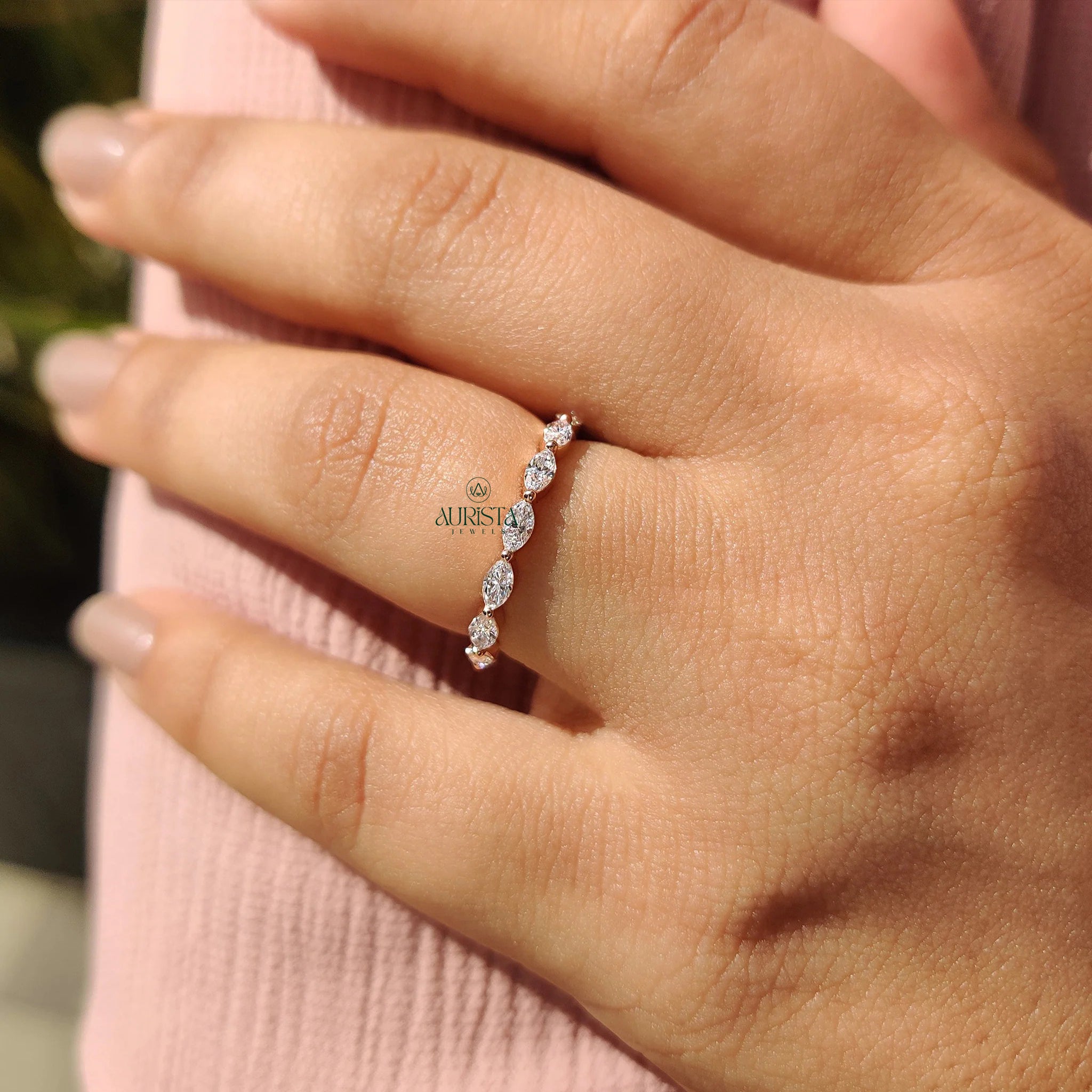 Horizontal Marquise Moissanite Diamond Full Eternity Wedding Band Yellow Gold Ring