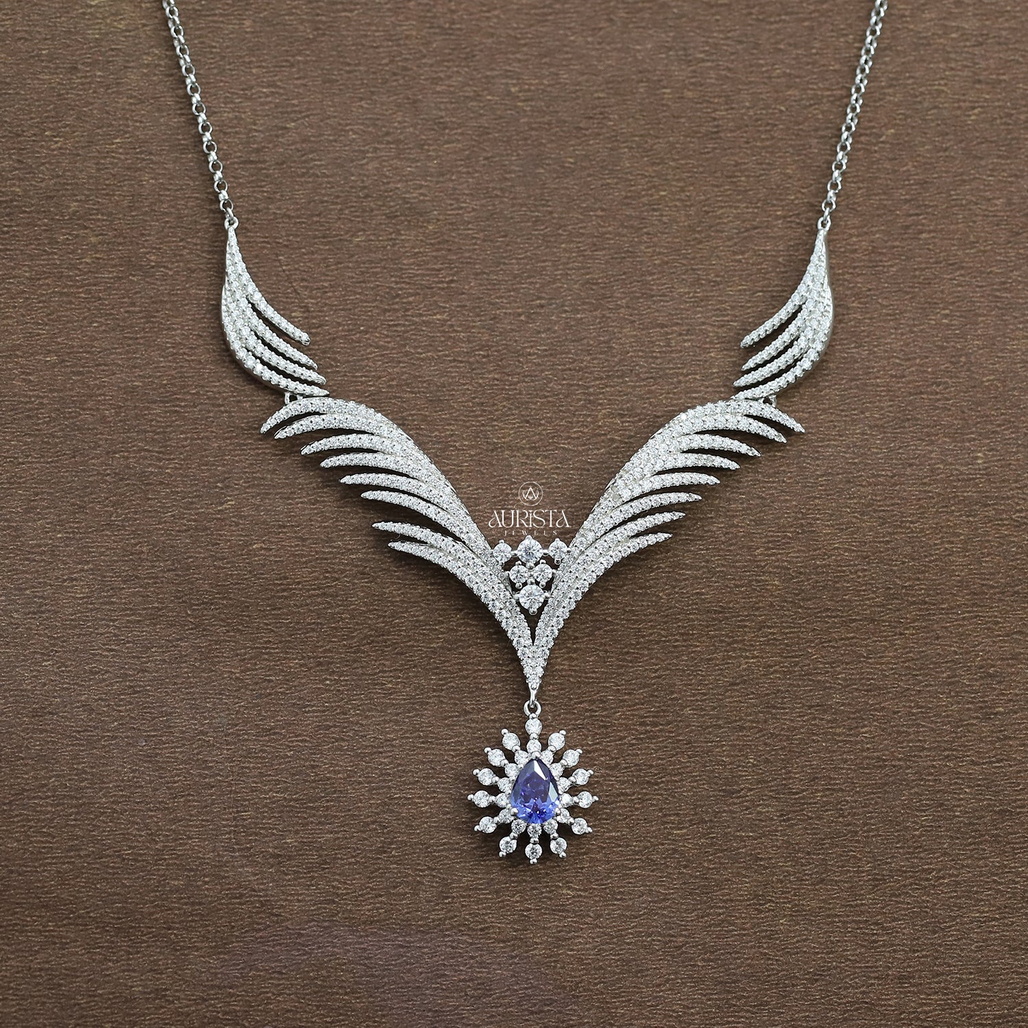 Unique Blue Pear Stone Necklace Wing Style Moissanite Statement Fine Jewelry