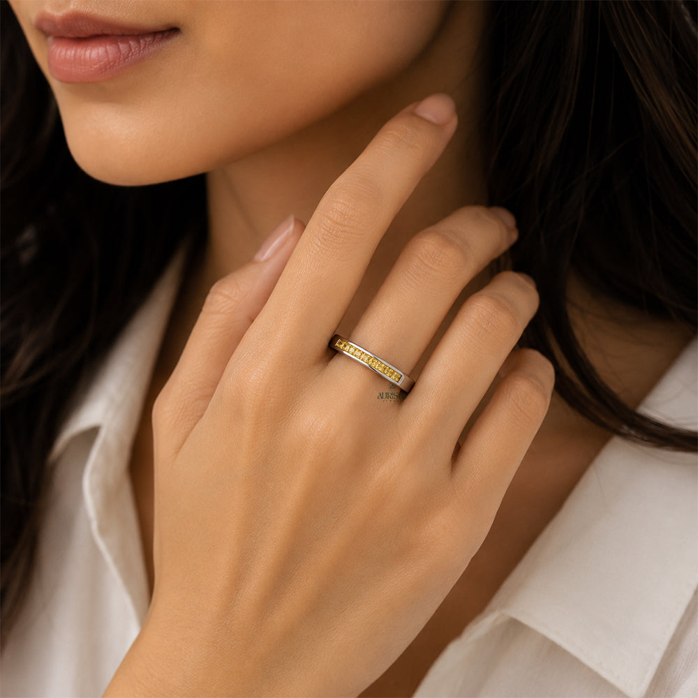 Princess Cut Yellow Gemstone Wedding Band Channel Set Eternity Stackable Ring