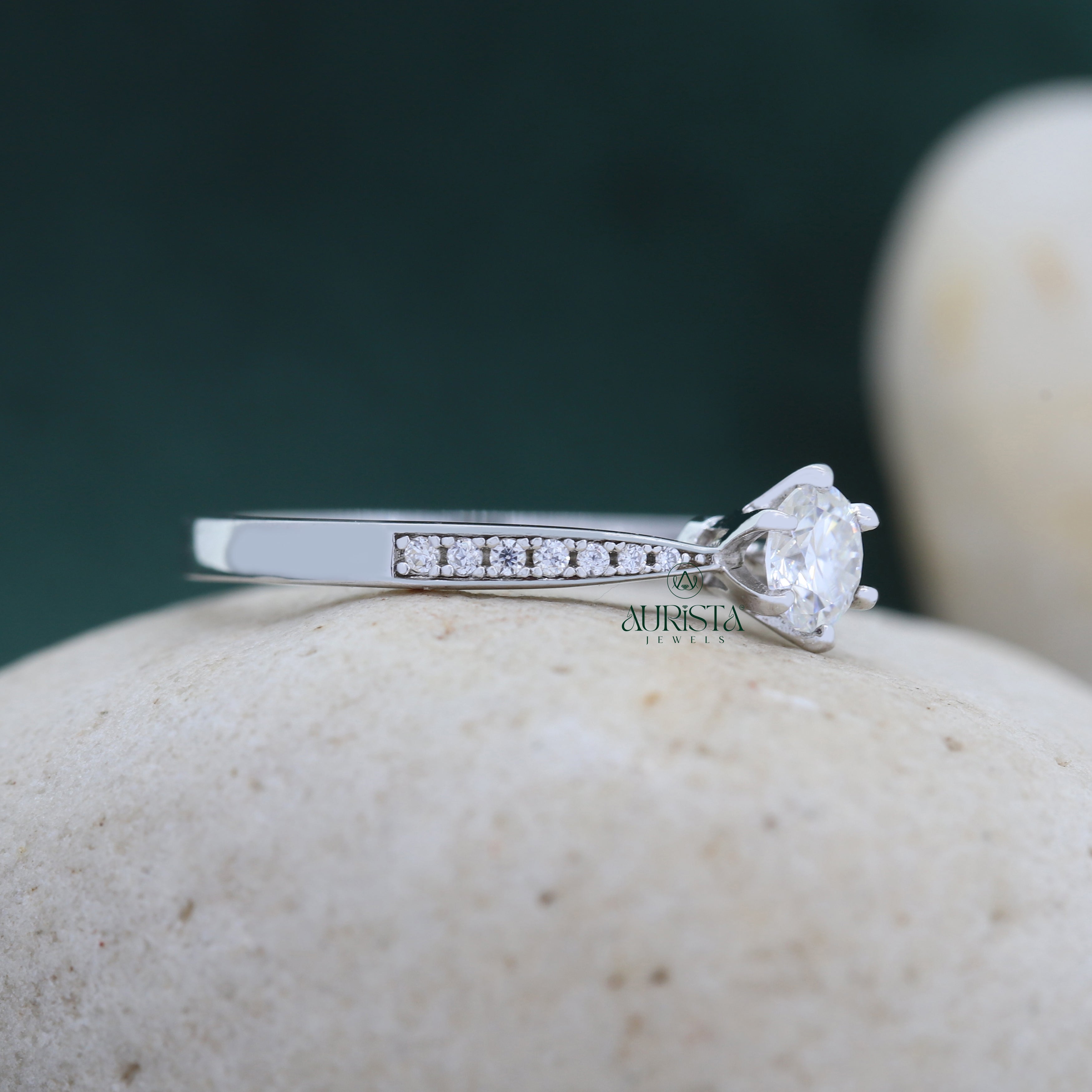 Round Cut Lab Grown Diamond ,  Side Stone,White Gold, Engagement Ring