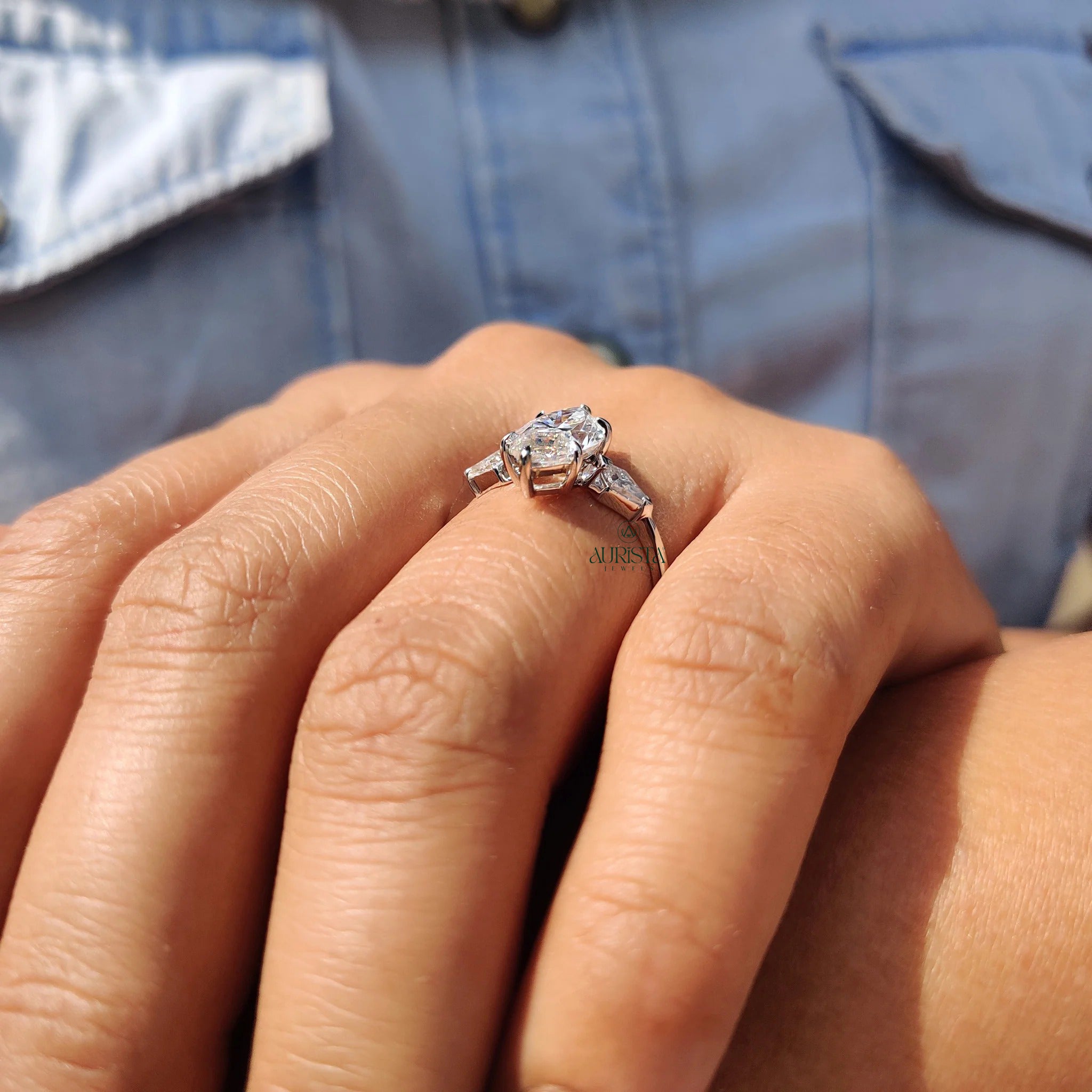 Marquise Moissanite in Diamond Kite Accent White Gold 3 Stone Engagement Ring