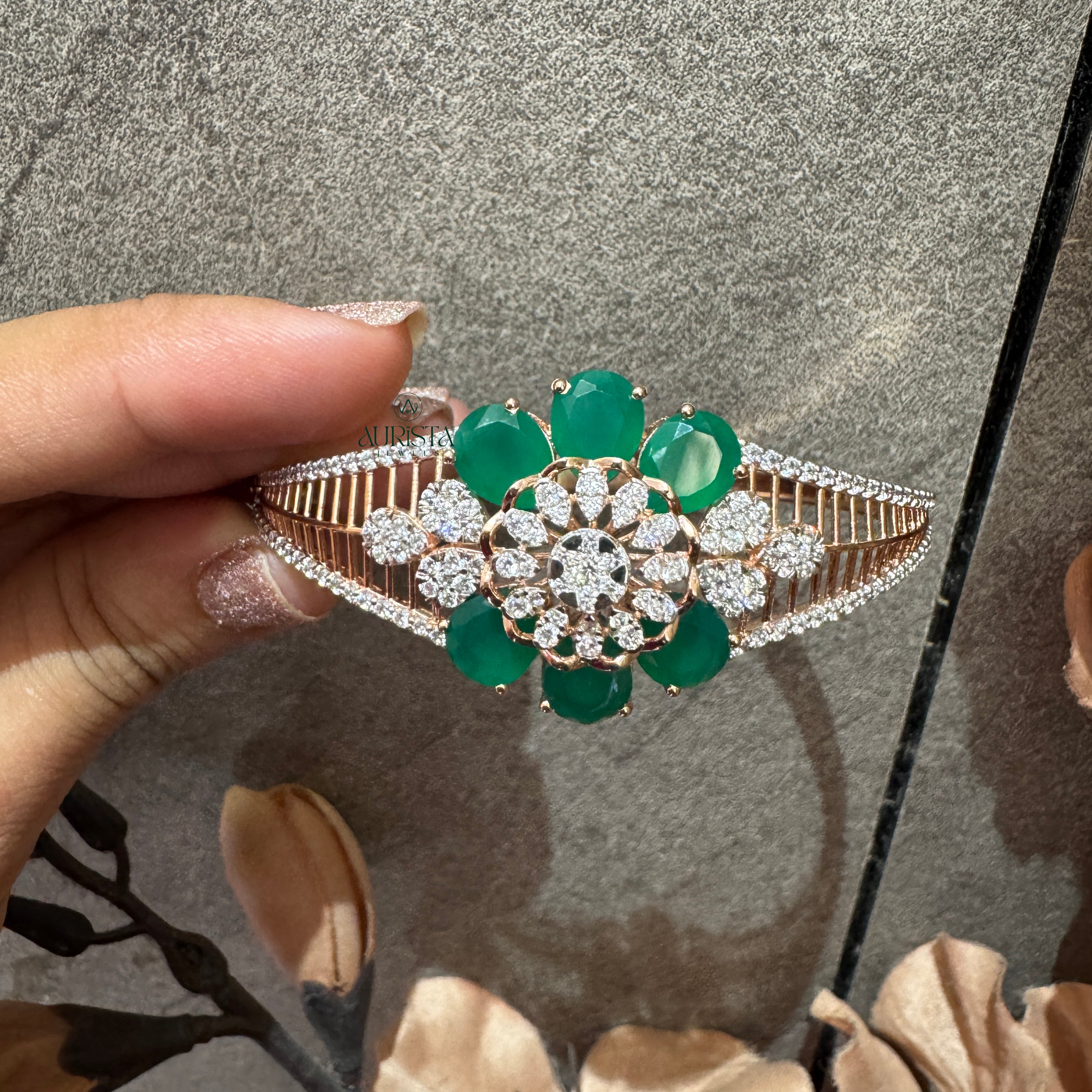 Round Moissanite & Pear Cut Green Stone Floral Bangle