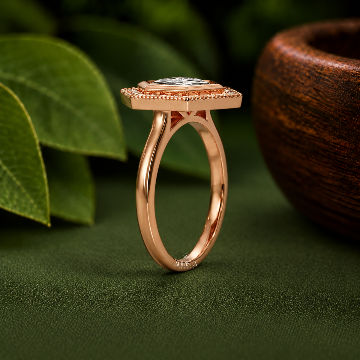 Hexagon Moissanite Diamond Ring, Rose Gold Halo Engagement Ring With Vintage Detail