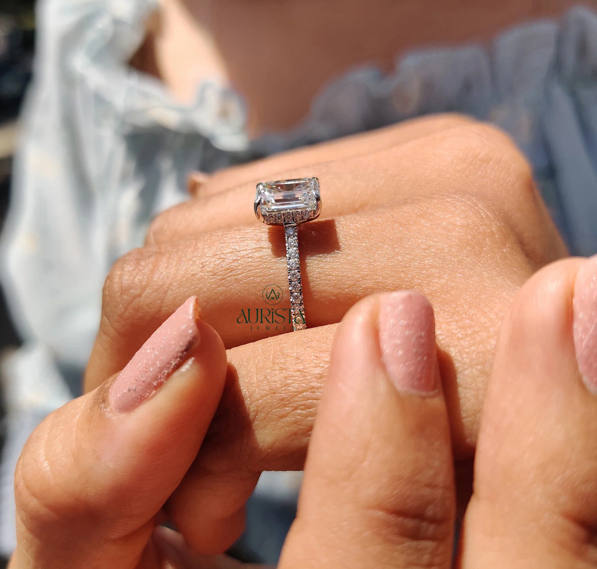 Emerald Cut Diamond Ring with Timeless Pave Elegance