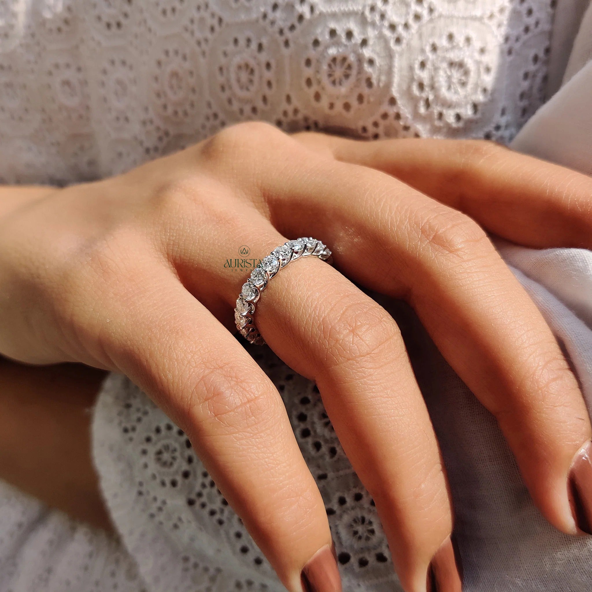 Moissanite Diamond Full Eternity Band Minimalist Stackable Wedding Ring White Gold