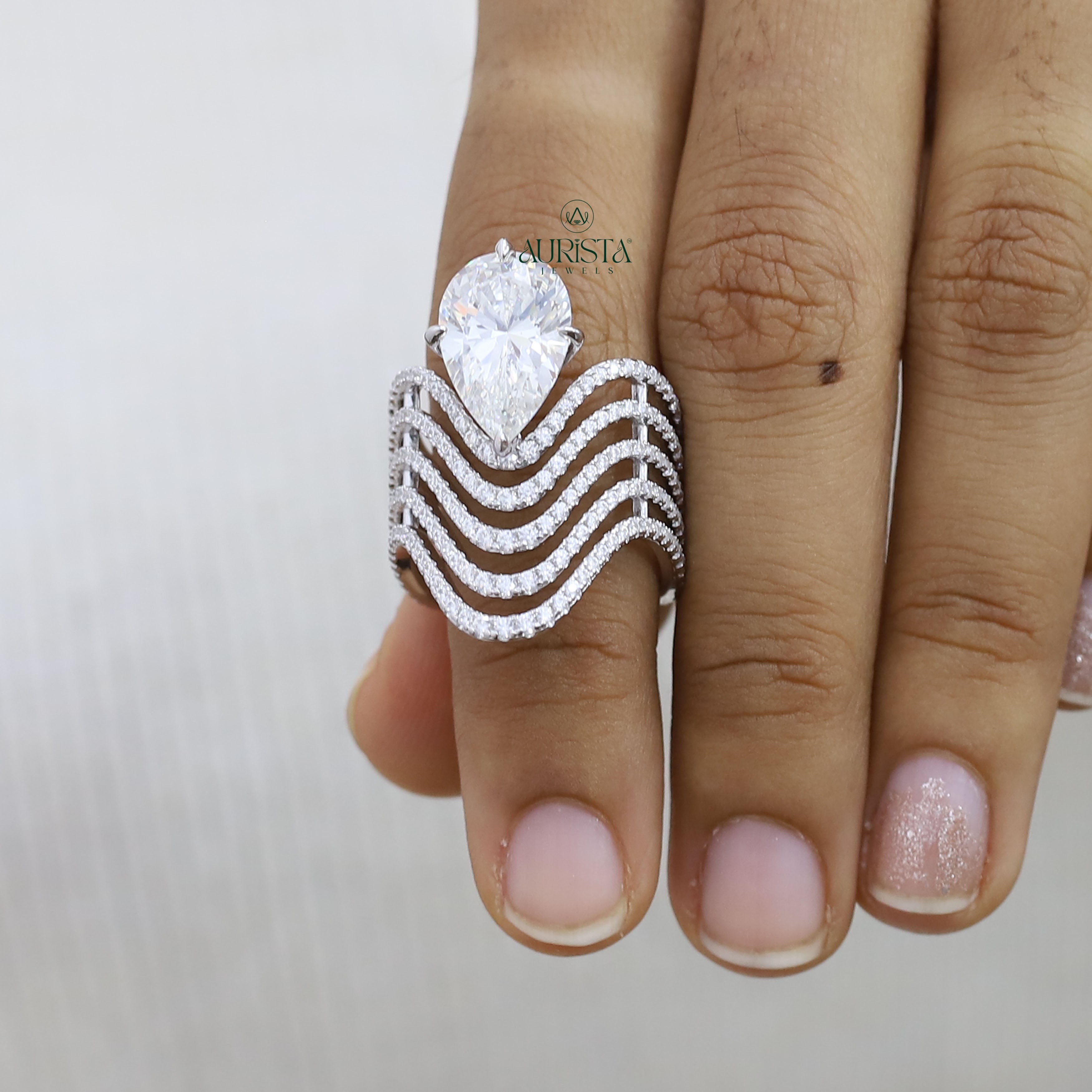 Pear Cut Moissanite Statement Ring - Multi Layer Wave Pave Band Luxury Cocktail Ring