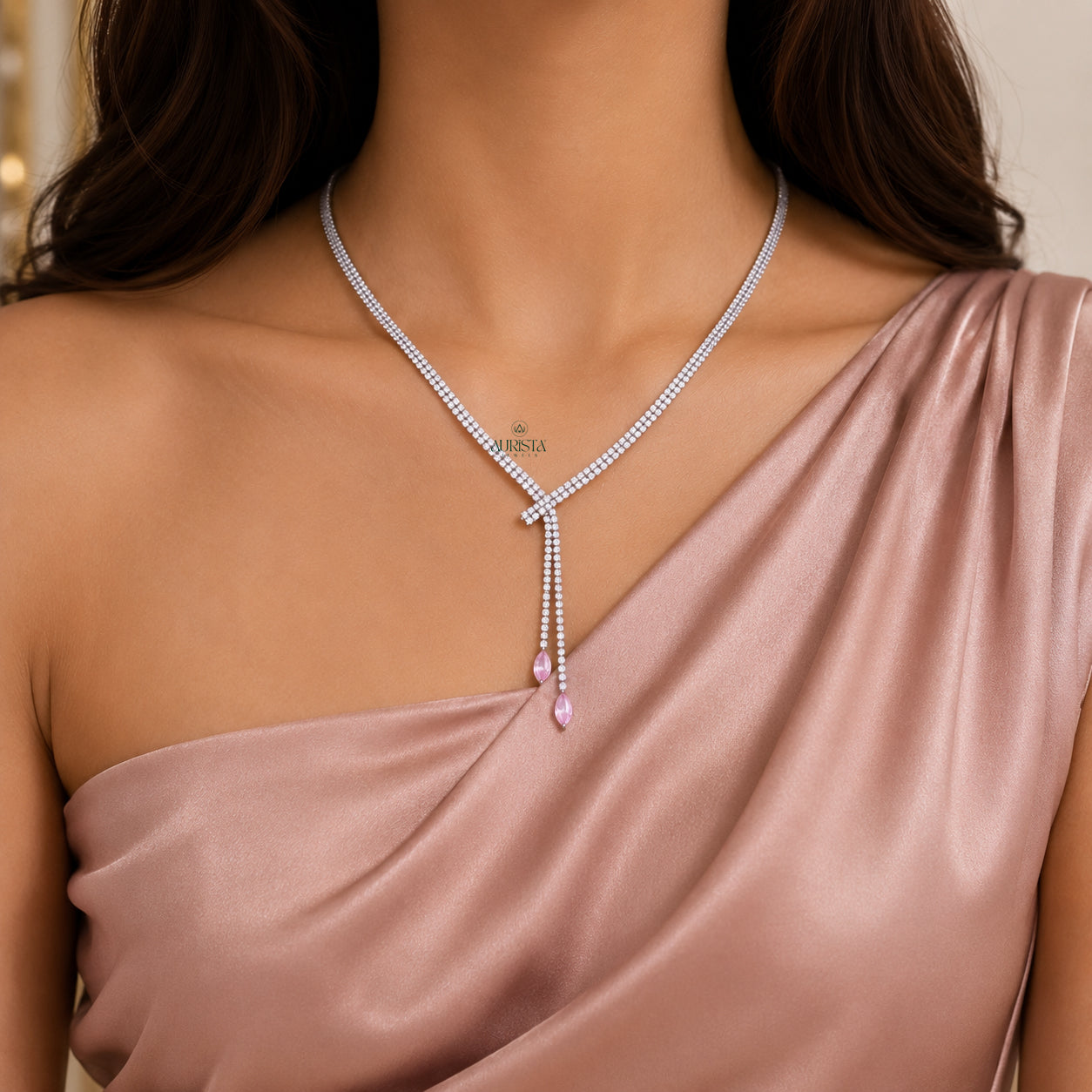 Elegant Moissanite Necklace and Earring Set with Round and Pink Marquise Accents