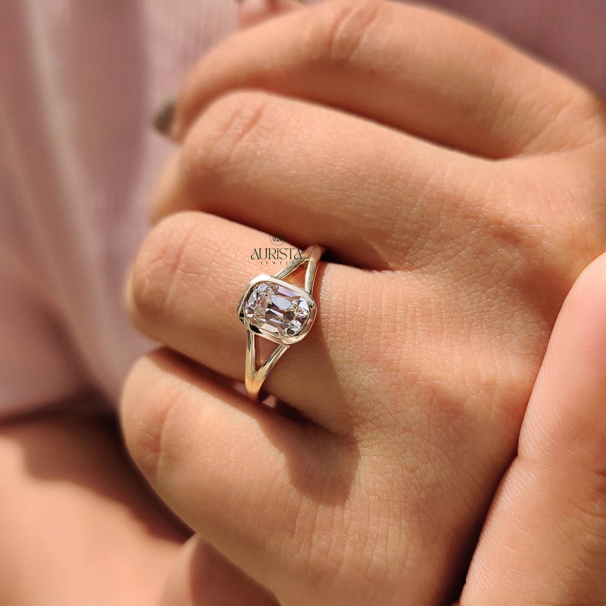 Crisscut Cushion Diamond Bezel Set Split Shank Ring