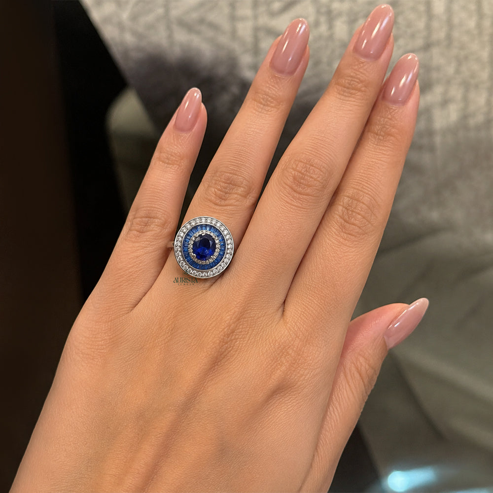 Oval Blue Moissanite Halo Ring, Sterling Silver Statement Ring, Cocktail Ring Gift