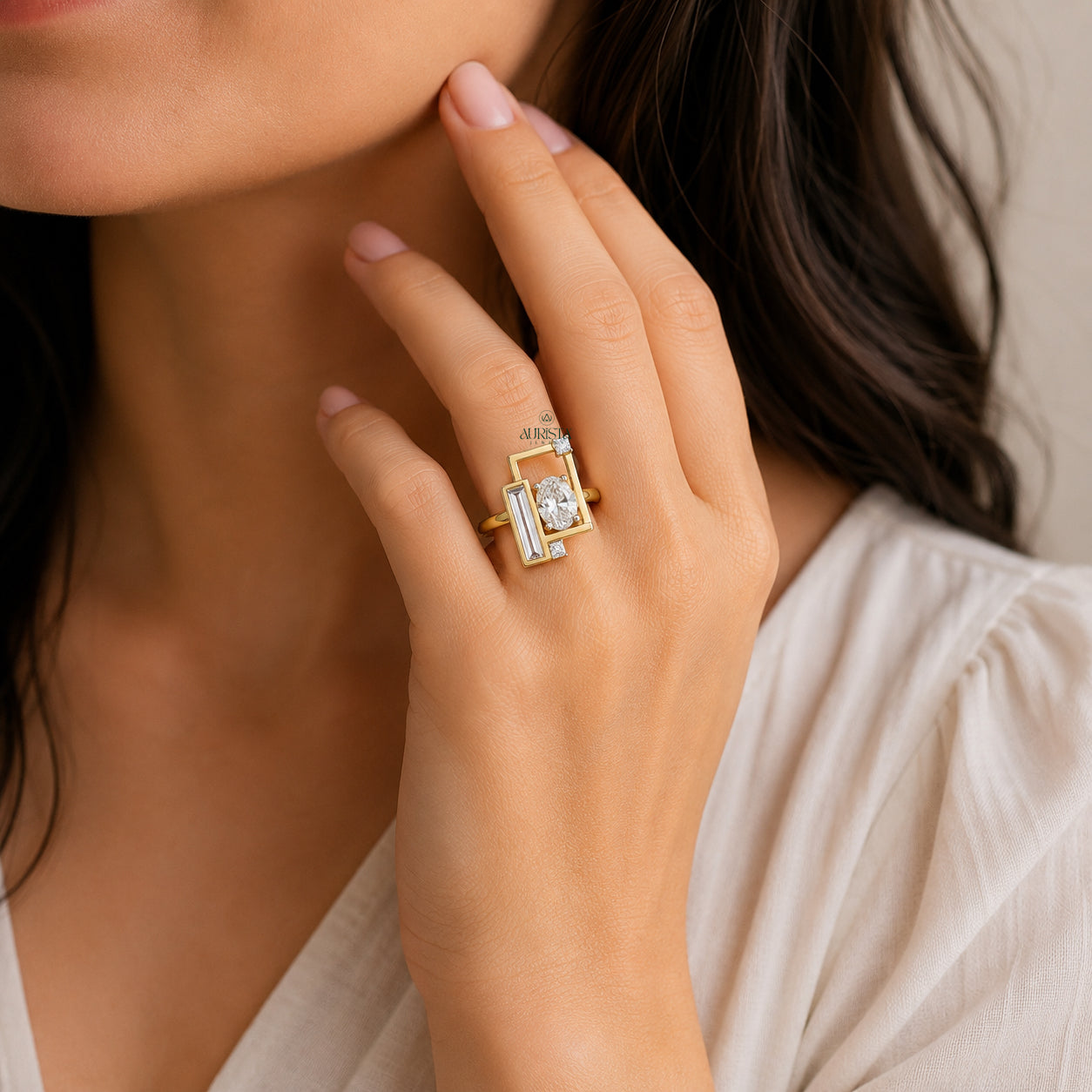 Oval Cut Lab Grown Diamond Geometric Ring, Baguette & Princess Statement Ring Band