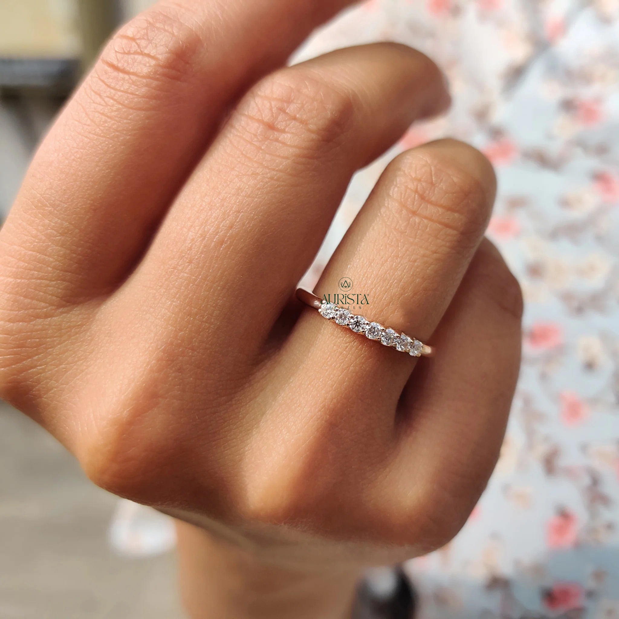 Dainty Moissanite Diamond Station Band Rose Gold Minimalist Stackable Wedding Ring